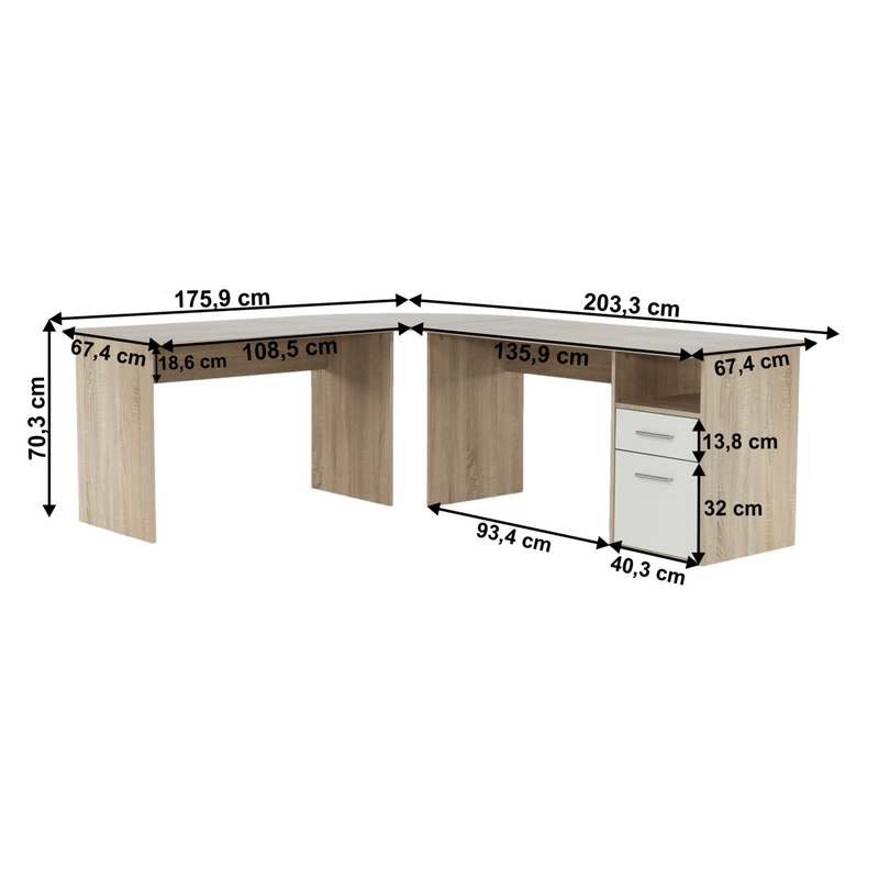 Masa PC de colt MAURUS NEW MA11, stejar sonoma/alb, PAL, 176/203x67x70 cm