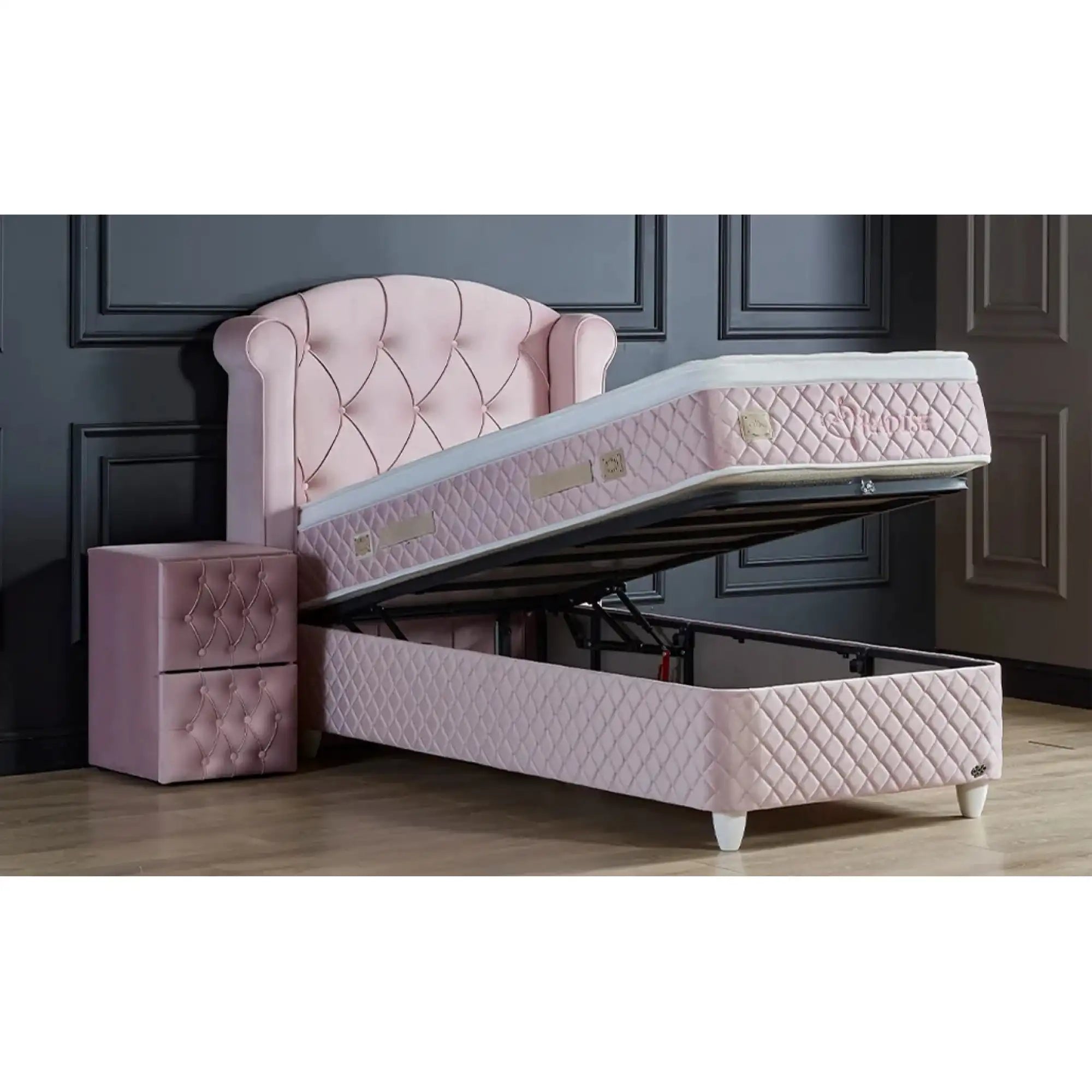 Pat Visco Lux 120x200, stofa catifelata roz, cu suport saltea si lada depozitare