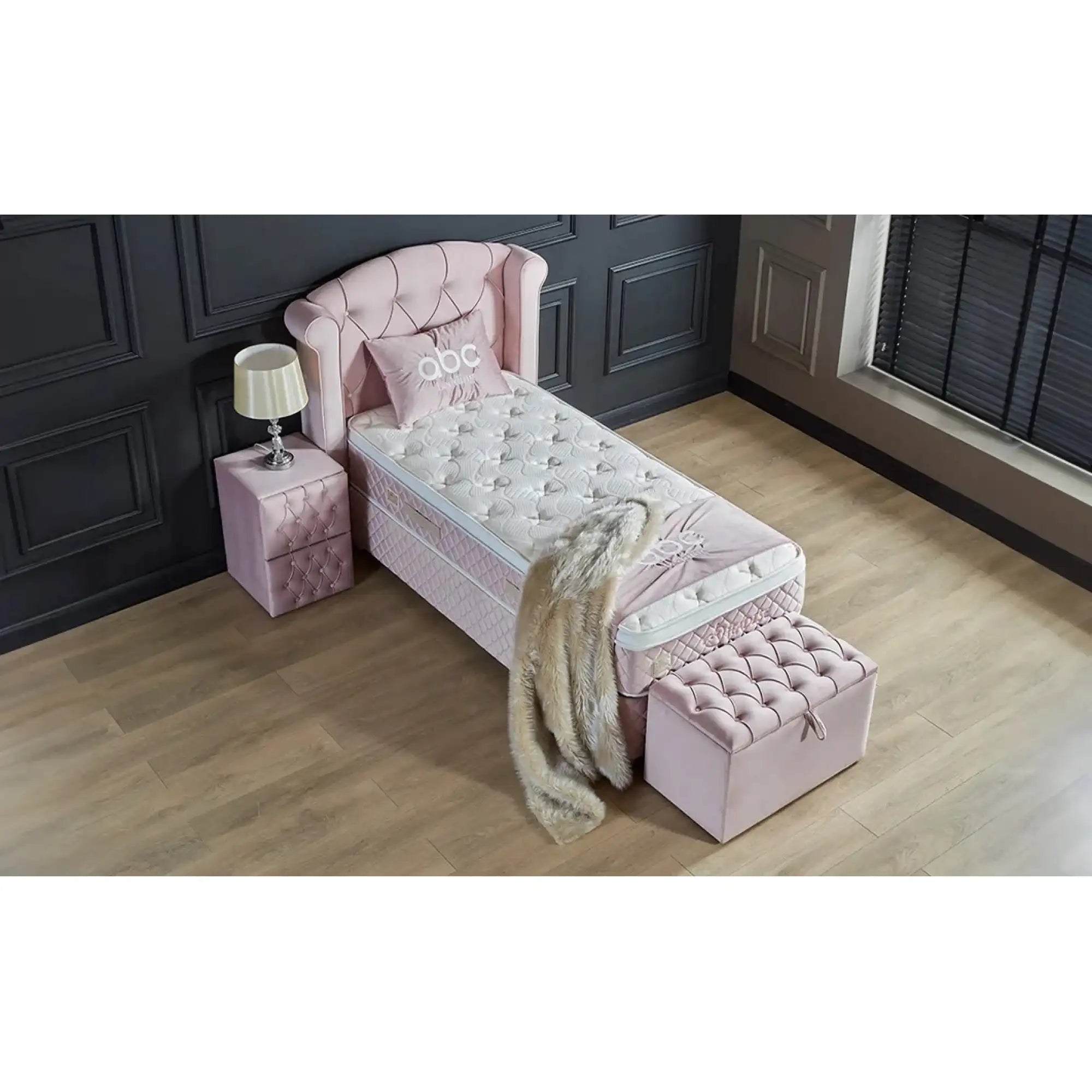 Pat Visco Lux 120x200, stofa catifelata roz, cu suport saltea si lada depozitare