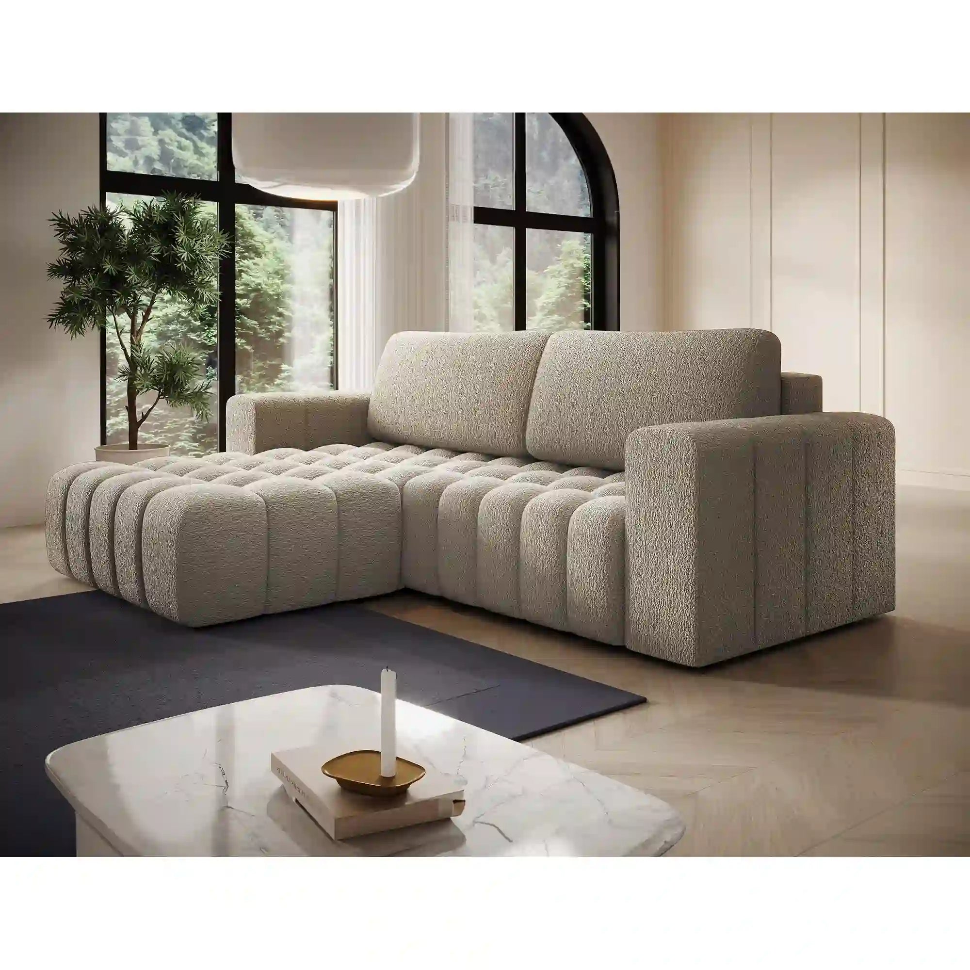Coltar extensibil BONETT, sezlong stanga, stofa bej - Royal 20, cu lada de depozitare, 250x175x92 cm