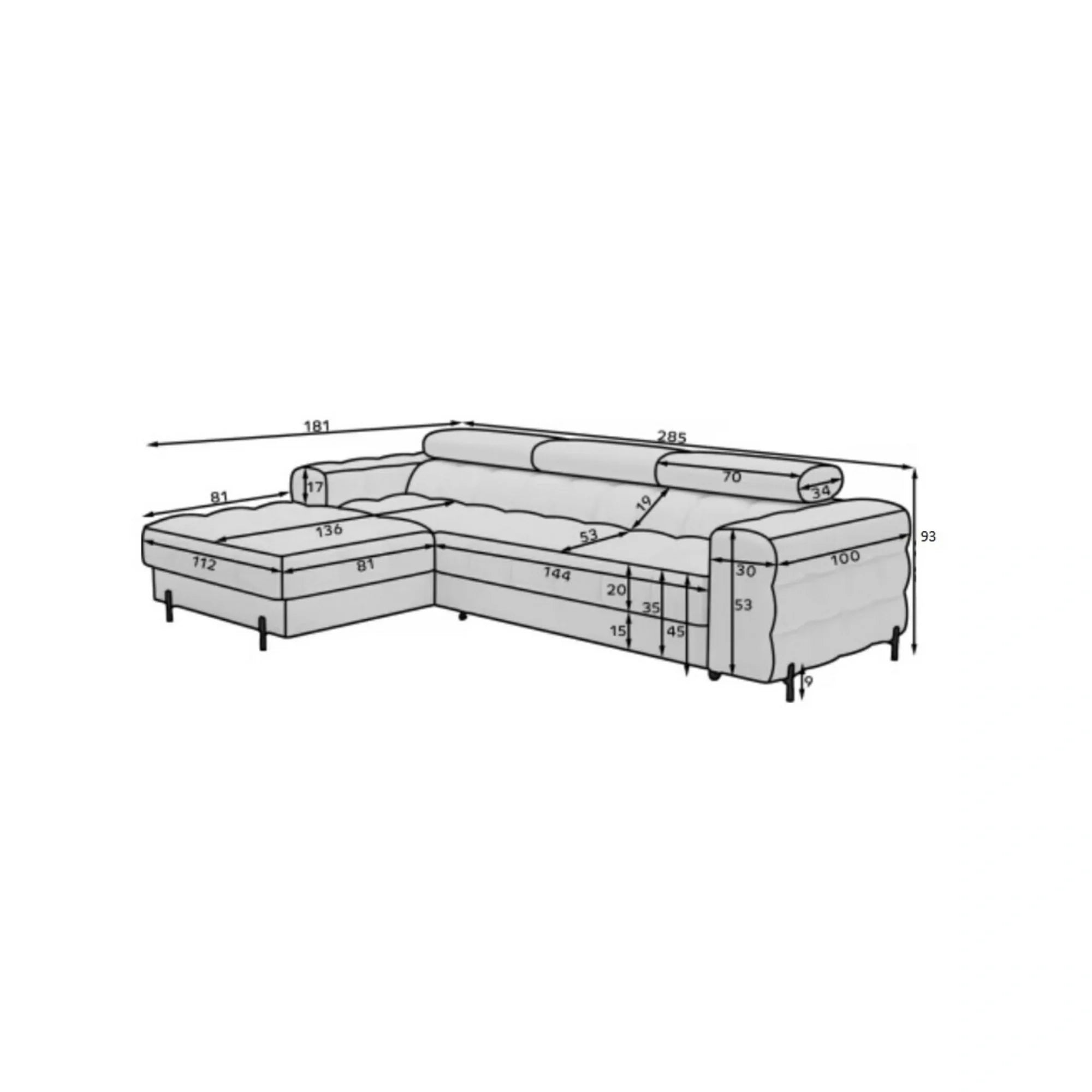 Coltar extensibil FELRO, sezlong dreapta, stofa clasica alb - Royal 01, cu lada de depozitare si tetiere reglabile, 285x181x93 cm
