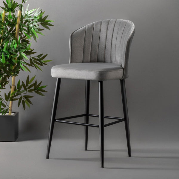 Set 4 scaune bar RUBI, gri/negru, stofa catifelata/metal, 52x42x97 cm