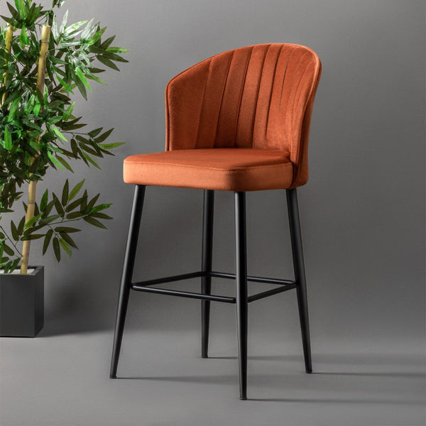 Set 4 scaune bar RUBI, caramiziu/negru, stofa catifelata/metal, 52x42x97 cm
