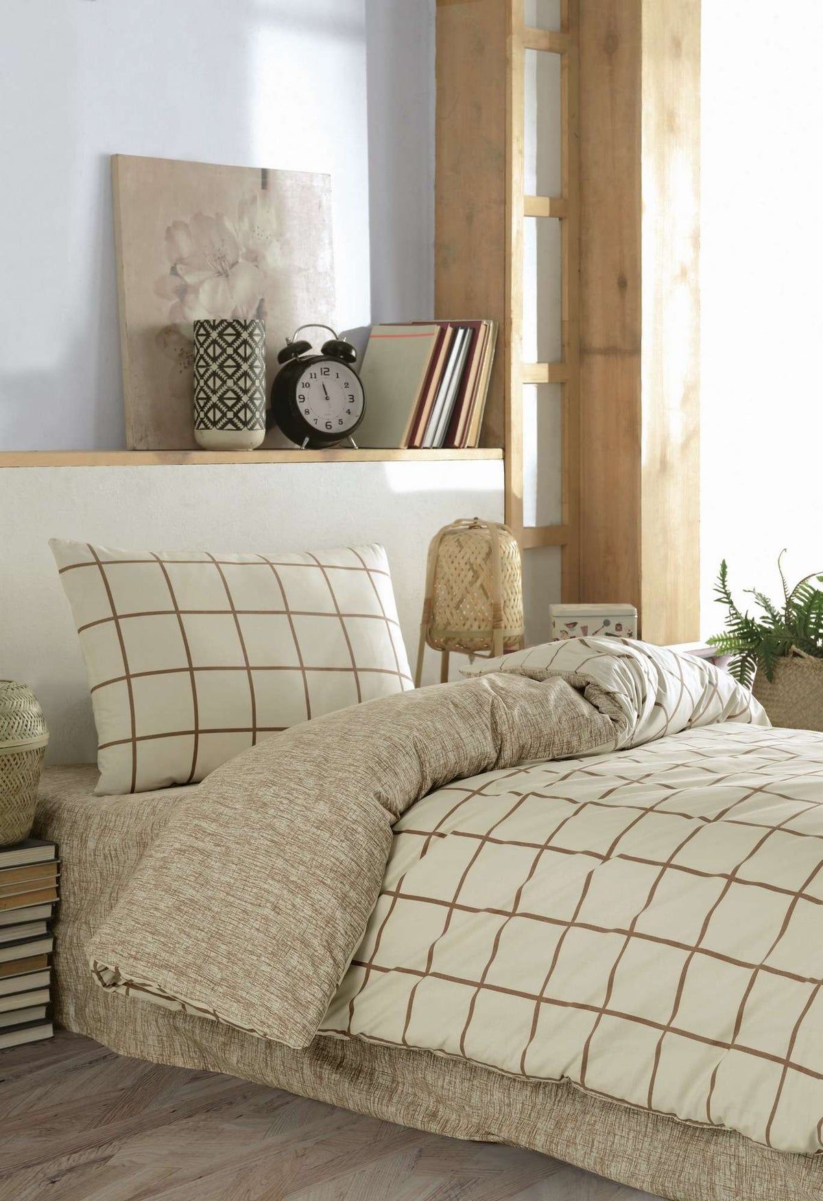 Set lenjerie pat single ranforce, Kare - Cream, Crem
