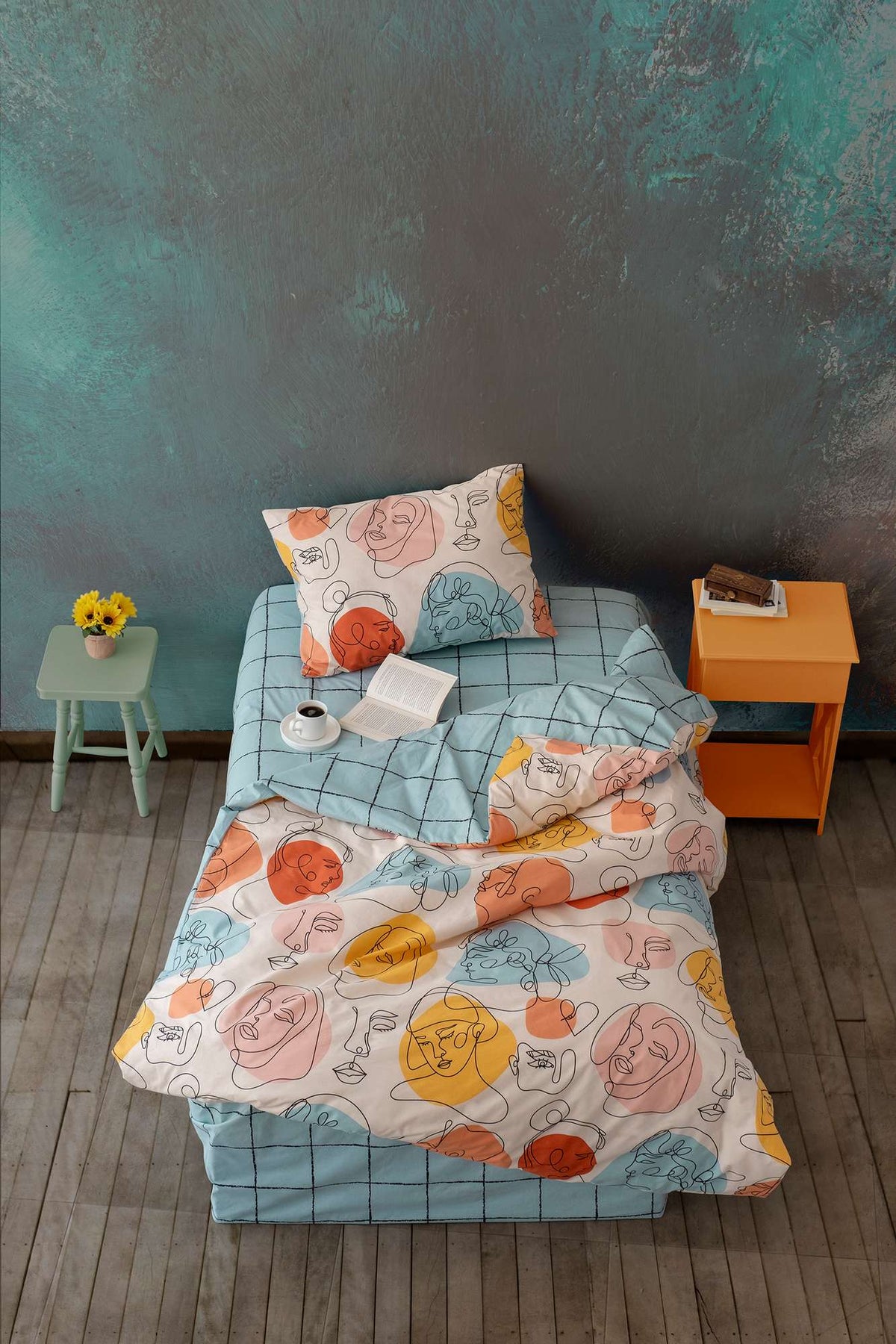 Set lenjerie pat single ranforce, Modern - Mint, Mentă