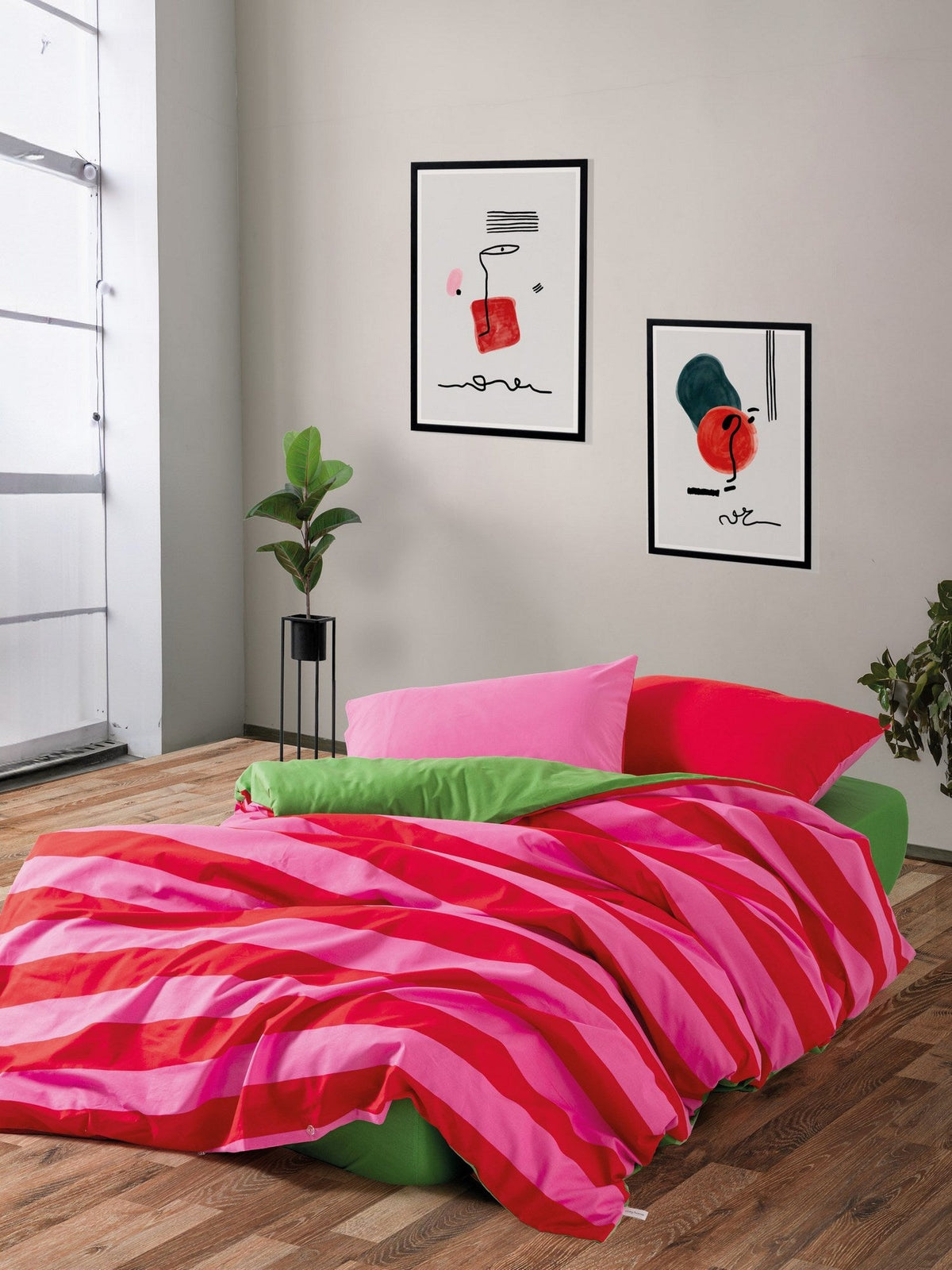 Set lenjerie pat dublu ranforce, Cherie - Green, Verde / Roz / Fucsia