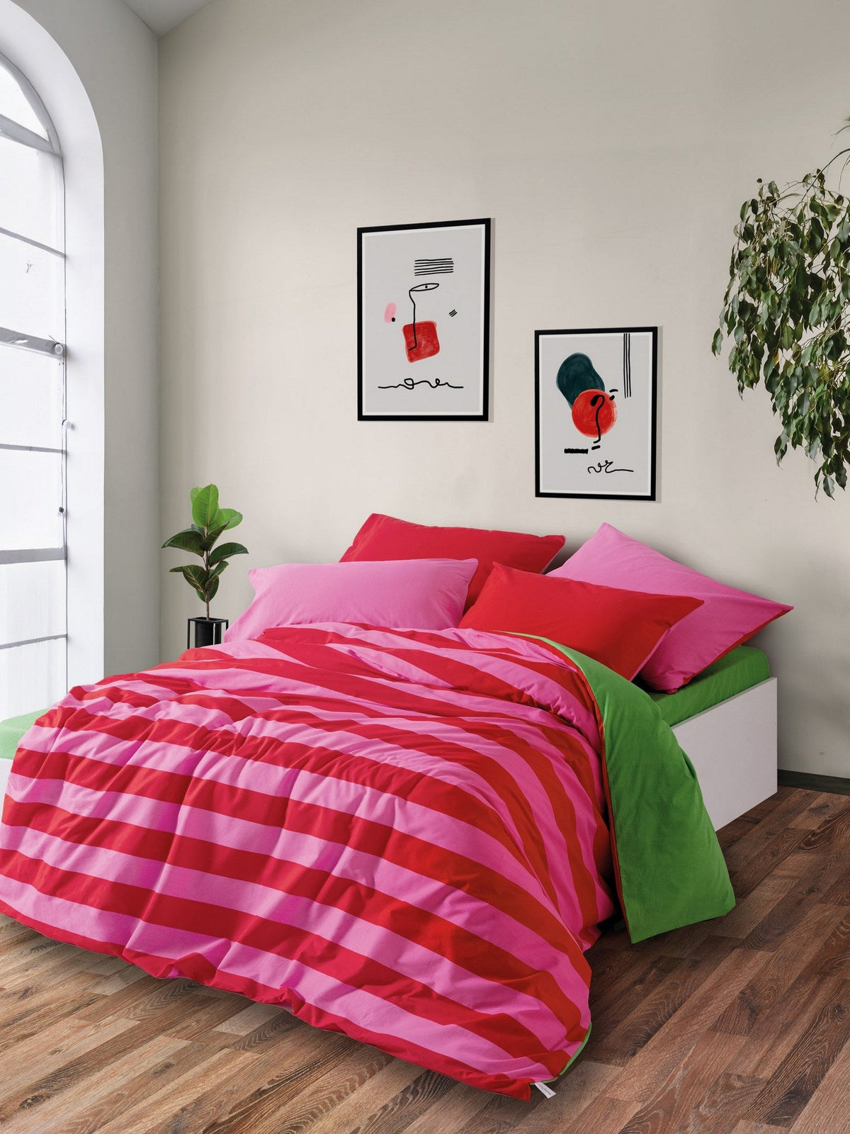 Set lenjerie pat dublu ranforce, Cherie - Green, Verde / Roz / Fucsia