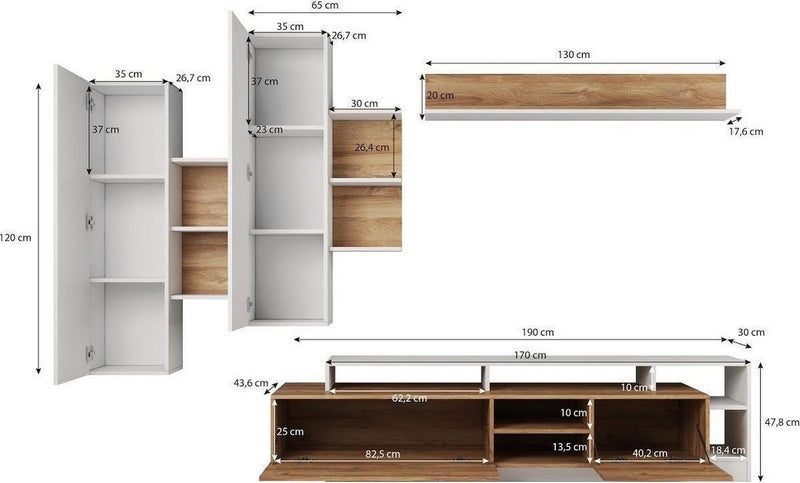 Mobilier living ALICANTE, stejar grandson/alb, PAL melaminat, 4 piese, 260x172x44 cm