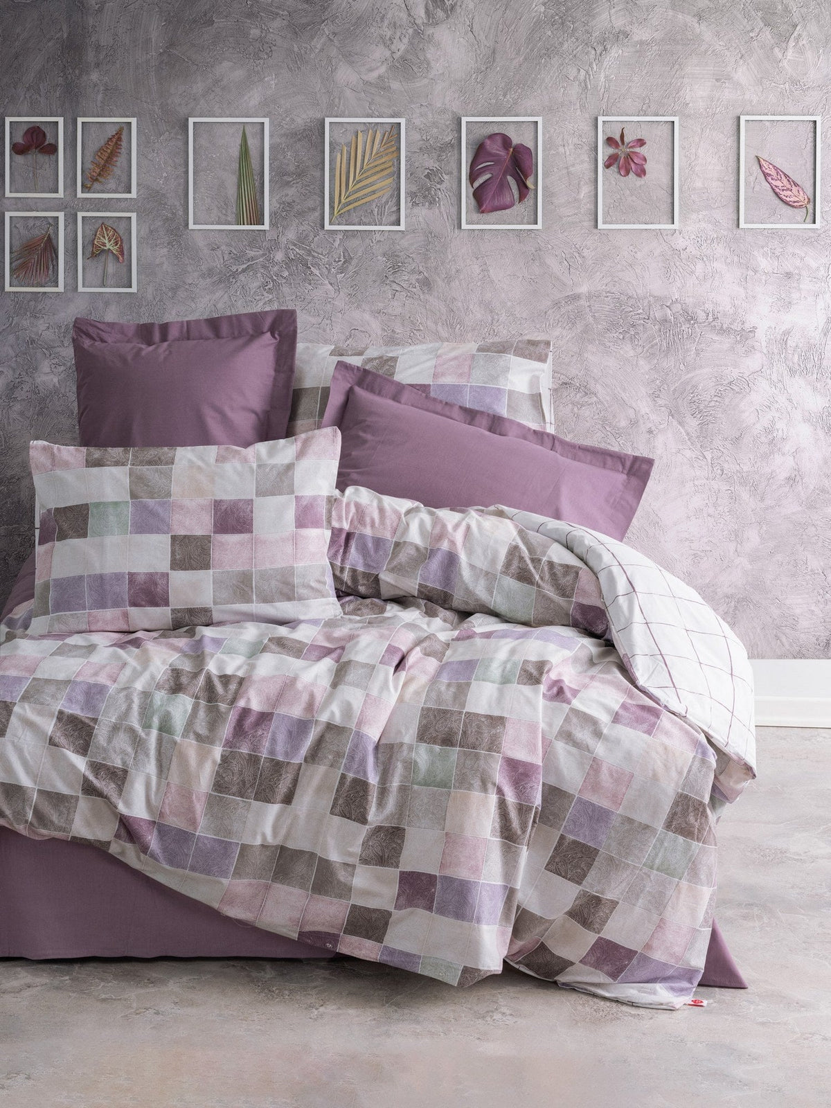 Set lenjerie pat single ranforce, Maro - Dusty Rose, Roz prăfuit / Alb / Mov / Maro