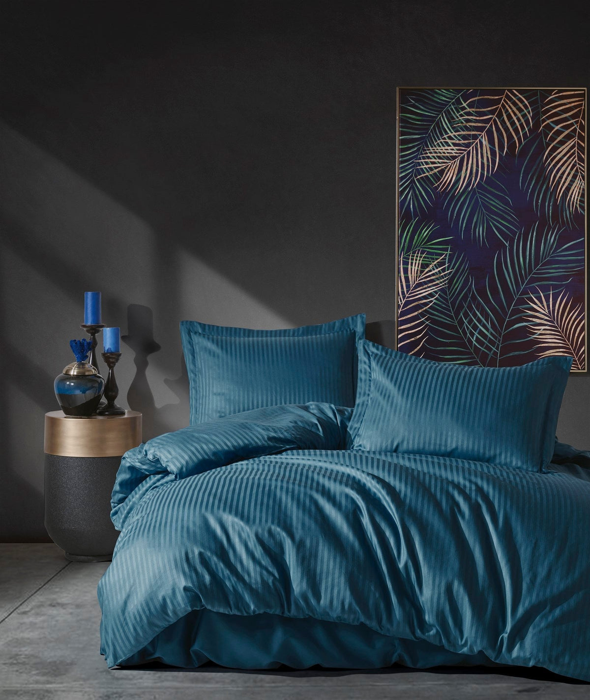 Set lenjerie satin pat dublu, Stripe - Blue, Albastru