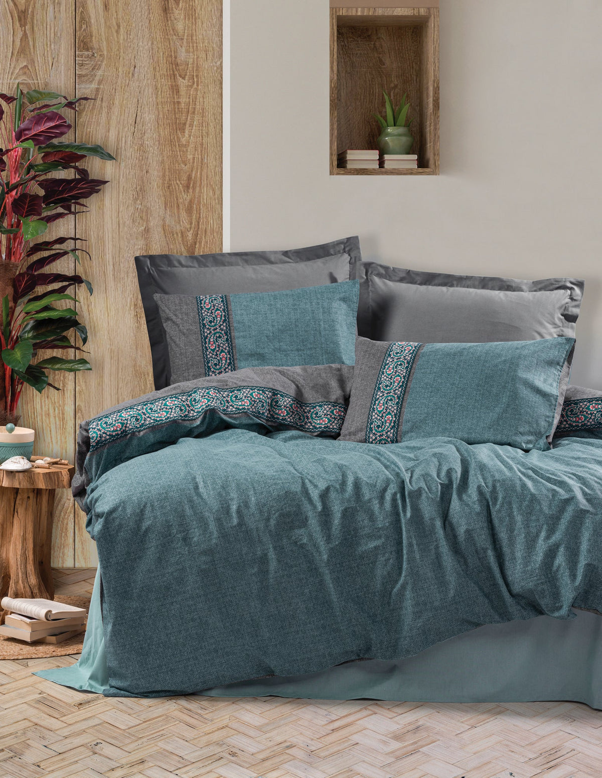 Set lenjerie pat dublu ranforce, Erna - Petrol Blue, Albastru petrol / Gri