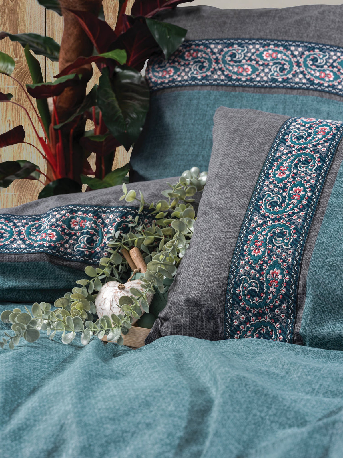 Set lenjerie pat dublu ranforce, Erna - Petrol Blue, Albastru petrol / Gri