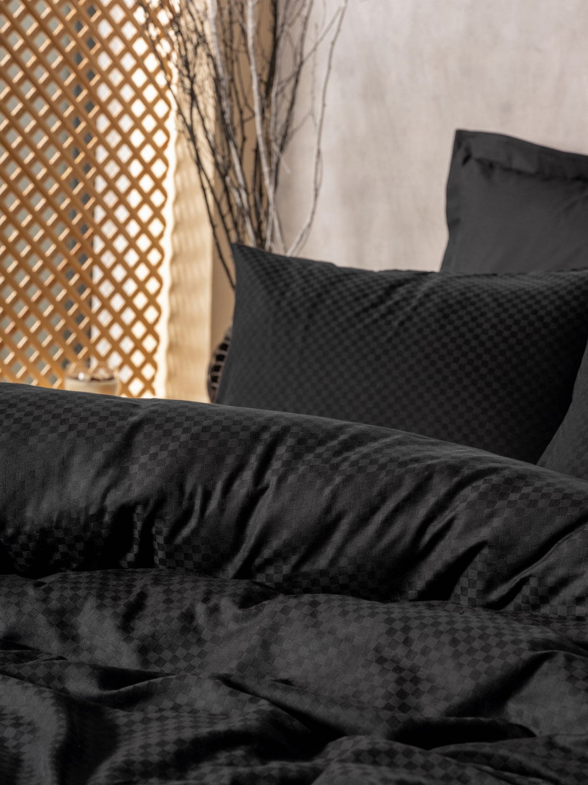 Set lenjerie pat dublu ranforce, Plaid - Black, Negru