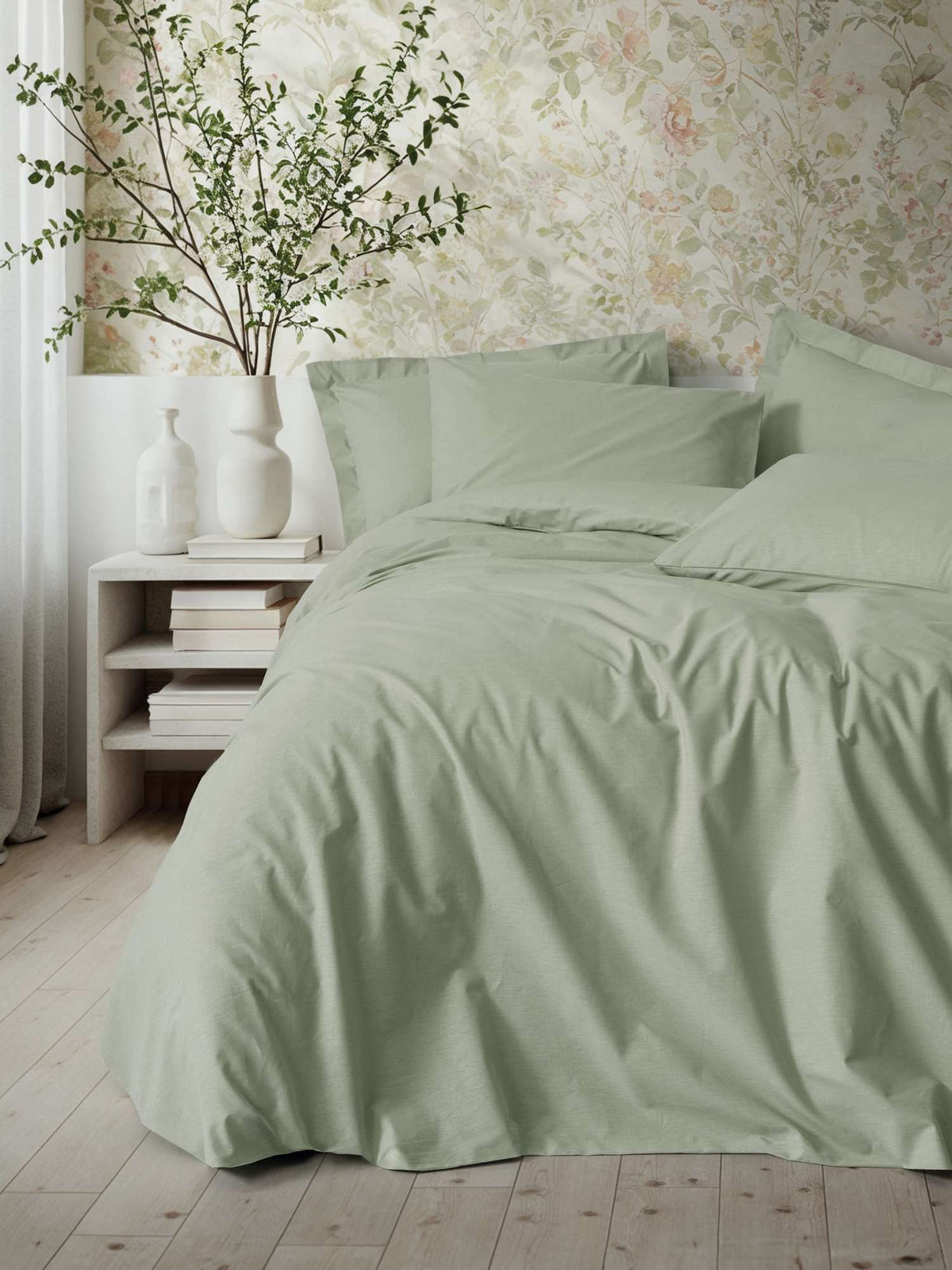 Set lenjerie pat dublu ranforce, Plain - Sage, Salvie