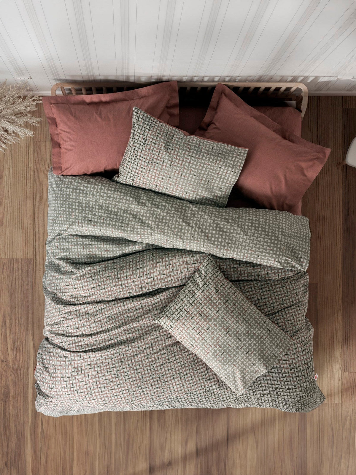 Set lenjerie pat dublu ranforce, Mote - Tile Red, Roșu cărămidă