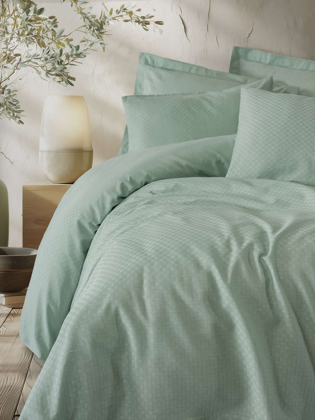 Set lenjerie pat dublu ranforce, Plaid - Sage, Salvie