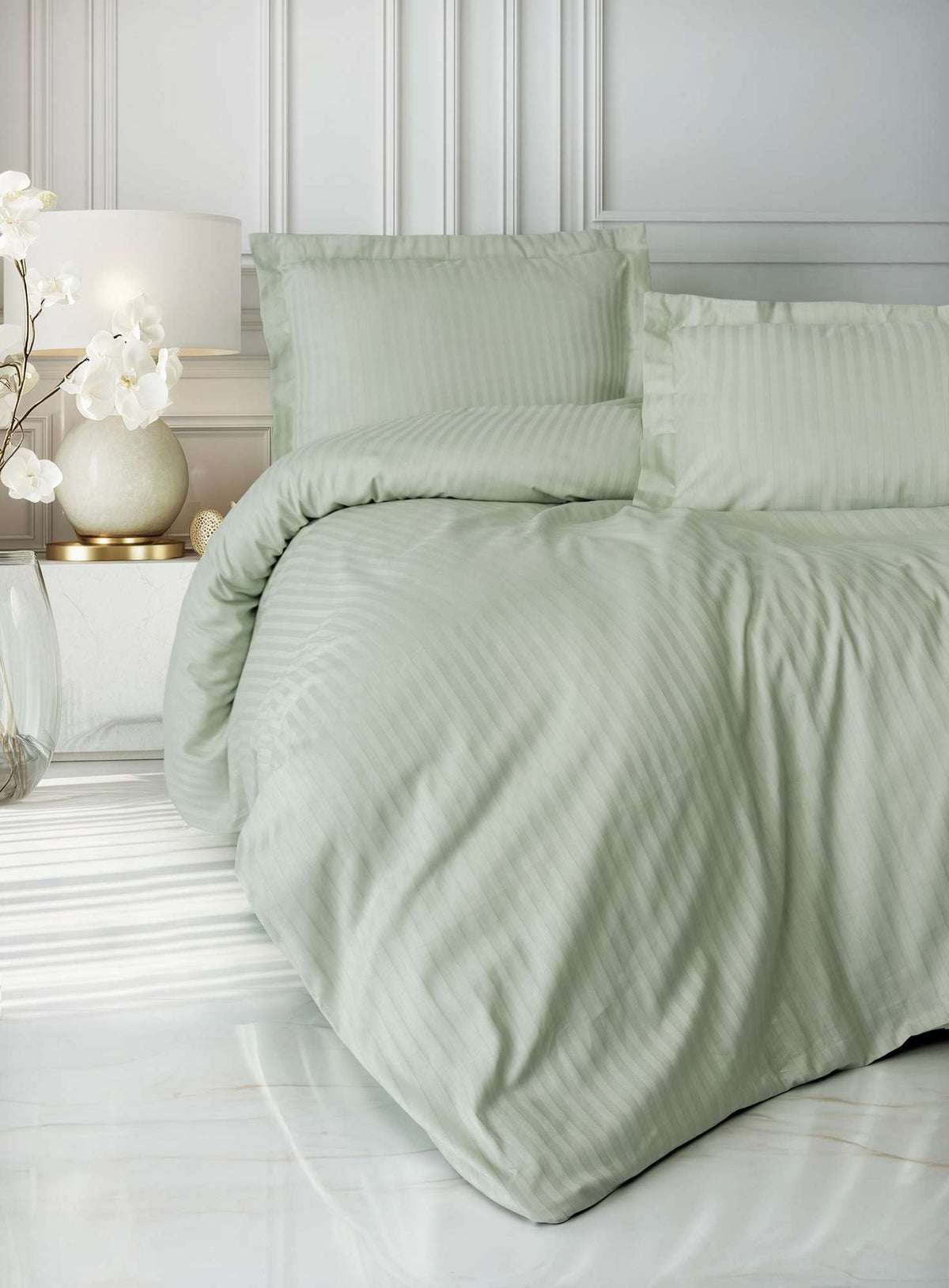 Set lenjerie satin pat dublu, Stripe - Sage, Salvie