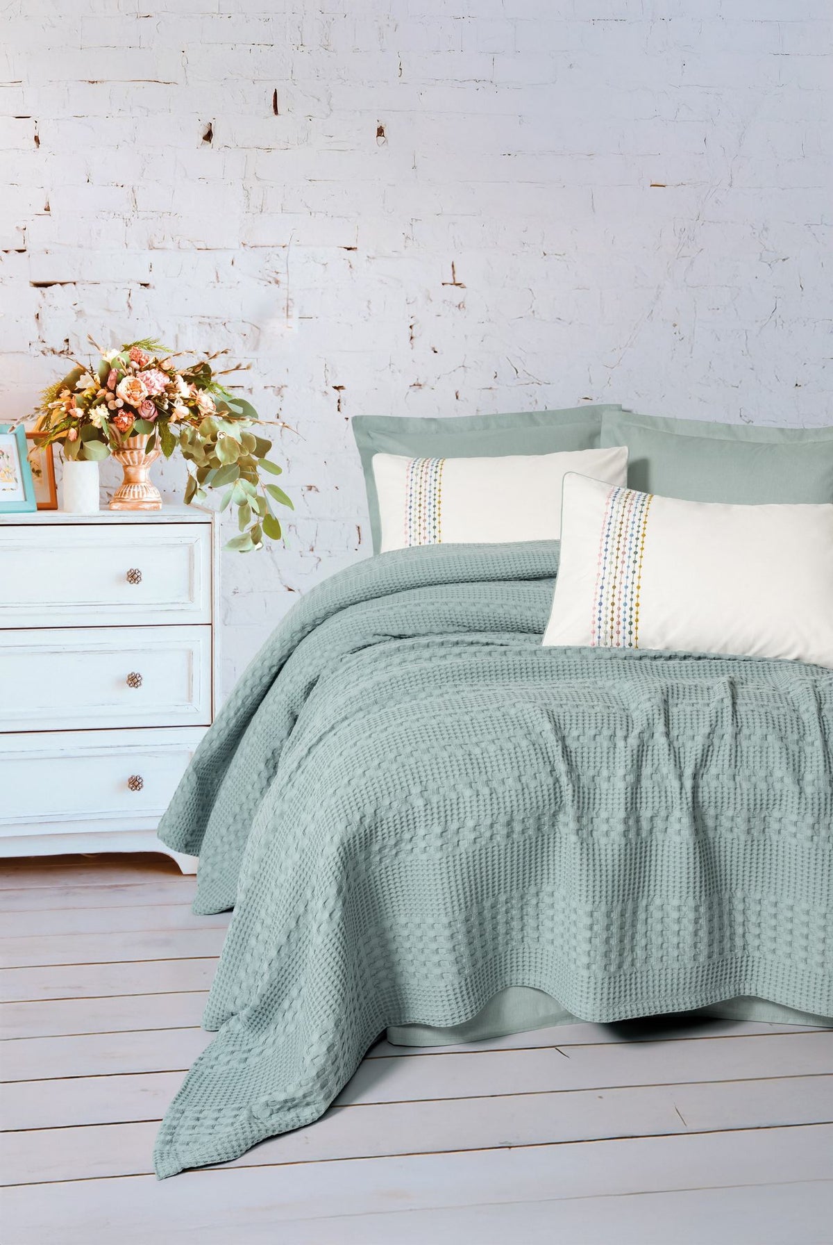 Set cuvertură pichet pat dublu, Pebble - Mint, Mentă