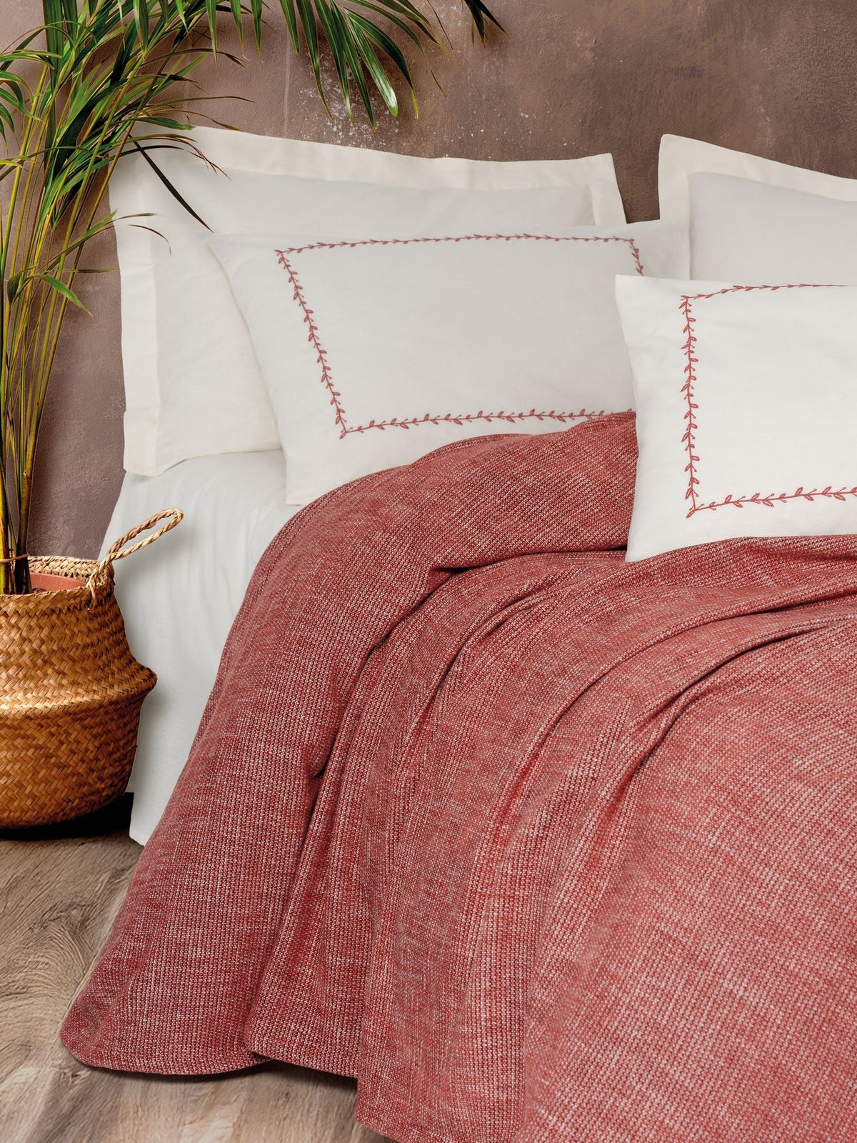 Set cuvertură pichet pat dublu, Loom - Claret Red, Roșu Bordo