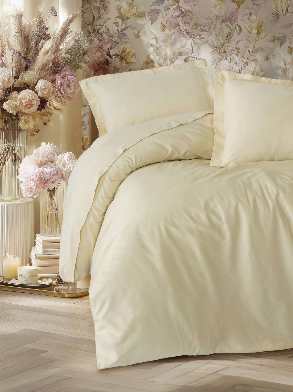 Set lenjerie satin pat dublu, Elegant - Beige, Bej