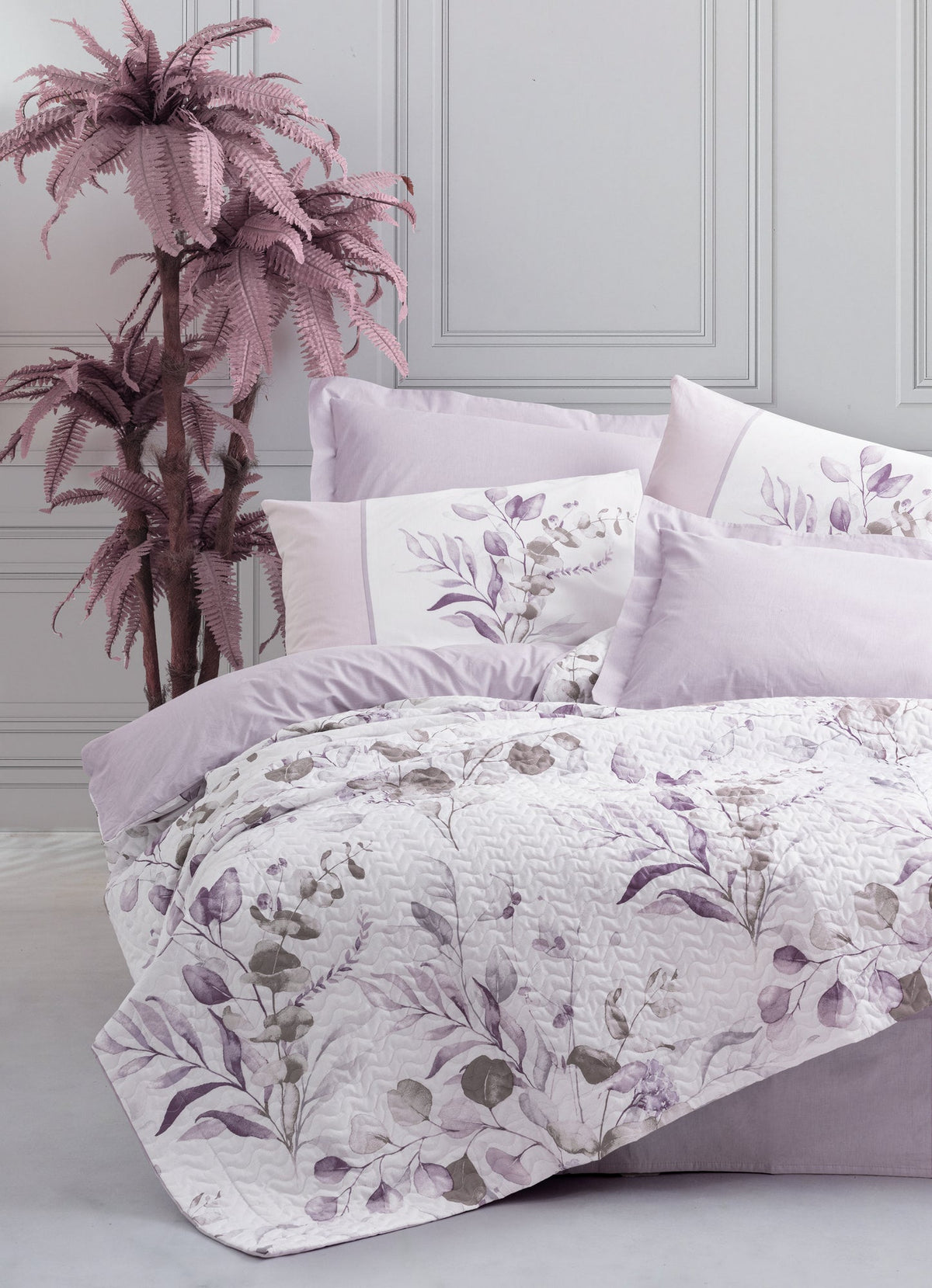 Set lenjerie pat dublu ranforce 4 anotimpuri, Nadia - Lilac, Lila / Alb