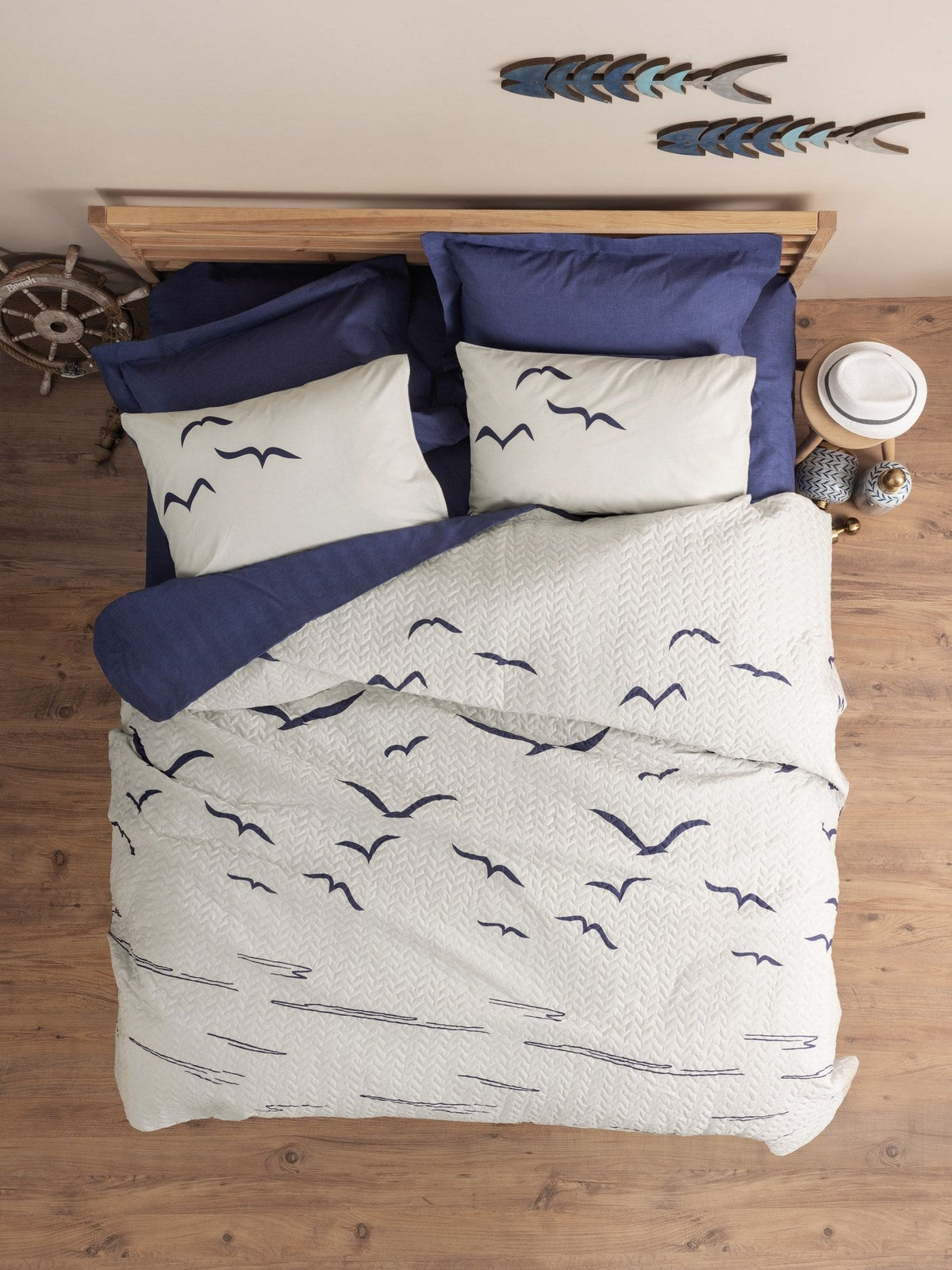 Set lenjerie pat single ranforce 4 anotimpuri, Larum - Dark Blue, Albastru închis / Alb