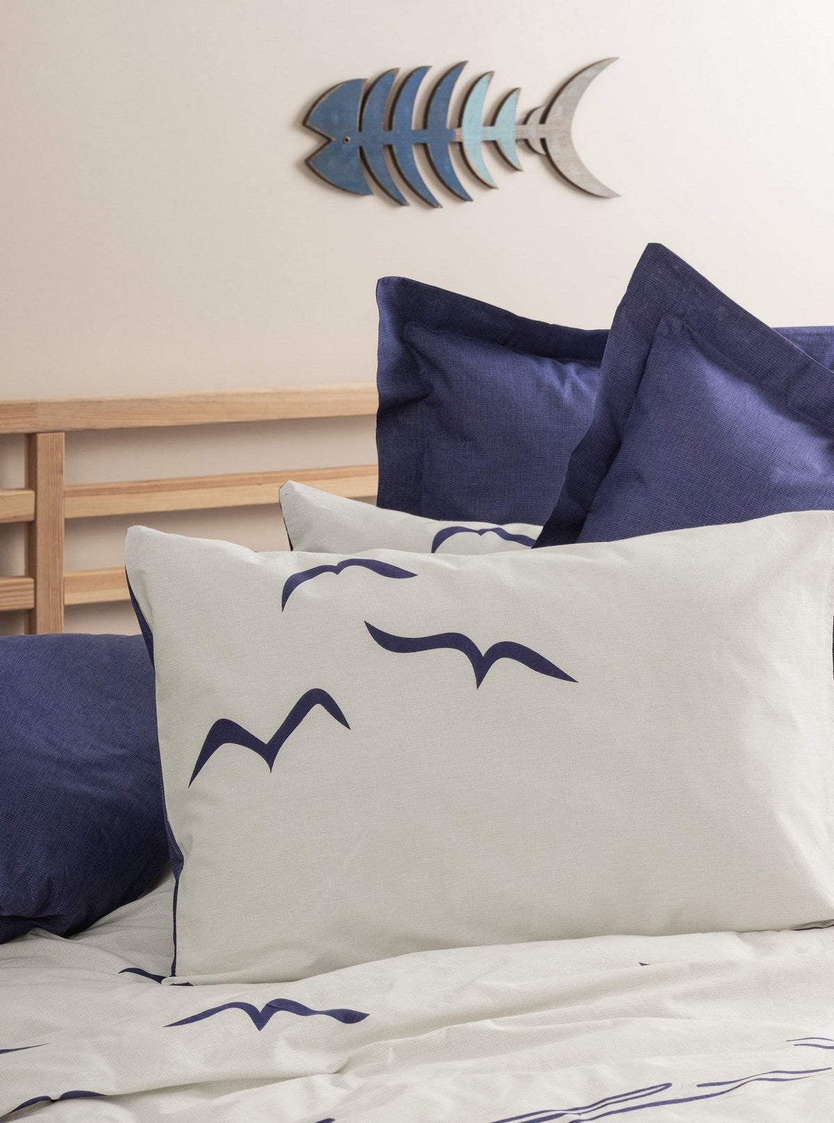 Set lenjerie pat single ranforce 4 anotimpuri, Larum - Dark Blue, Albastru închis / Alb