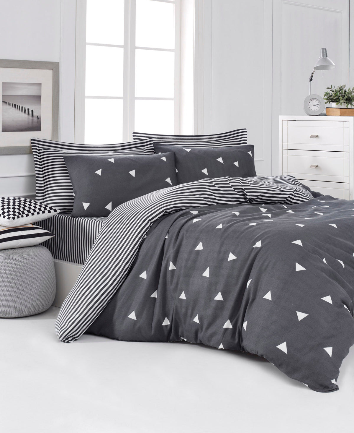 Set husă pilotă pat dublu, Üçgen - Grey, Gri / Alb