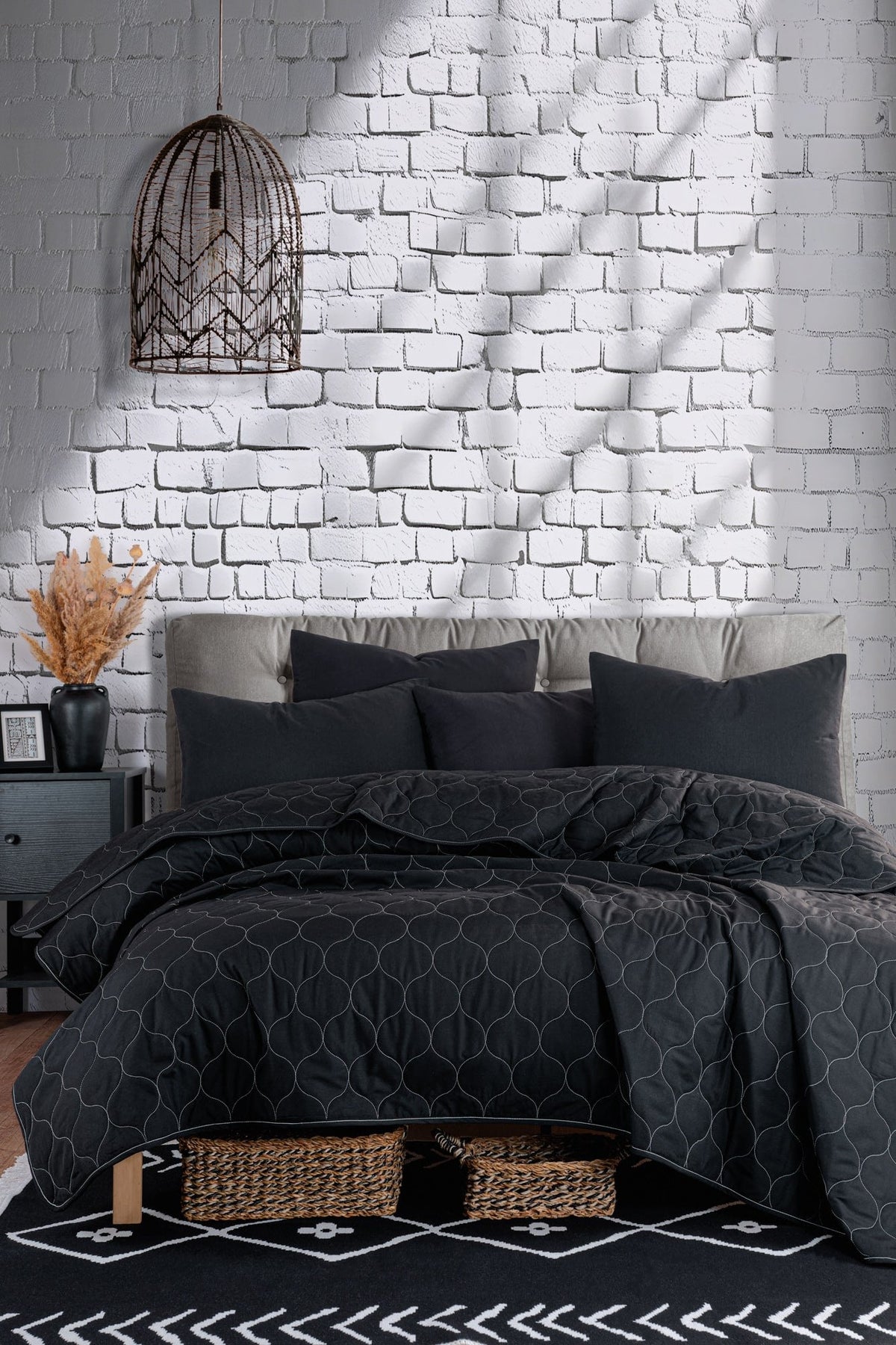 Set cuvertură pat dublu, Solid - Black, Negru