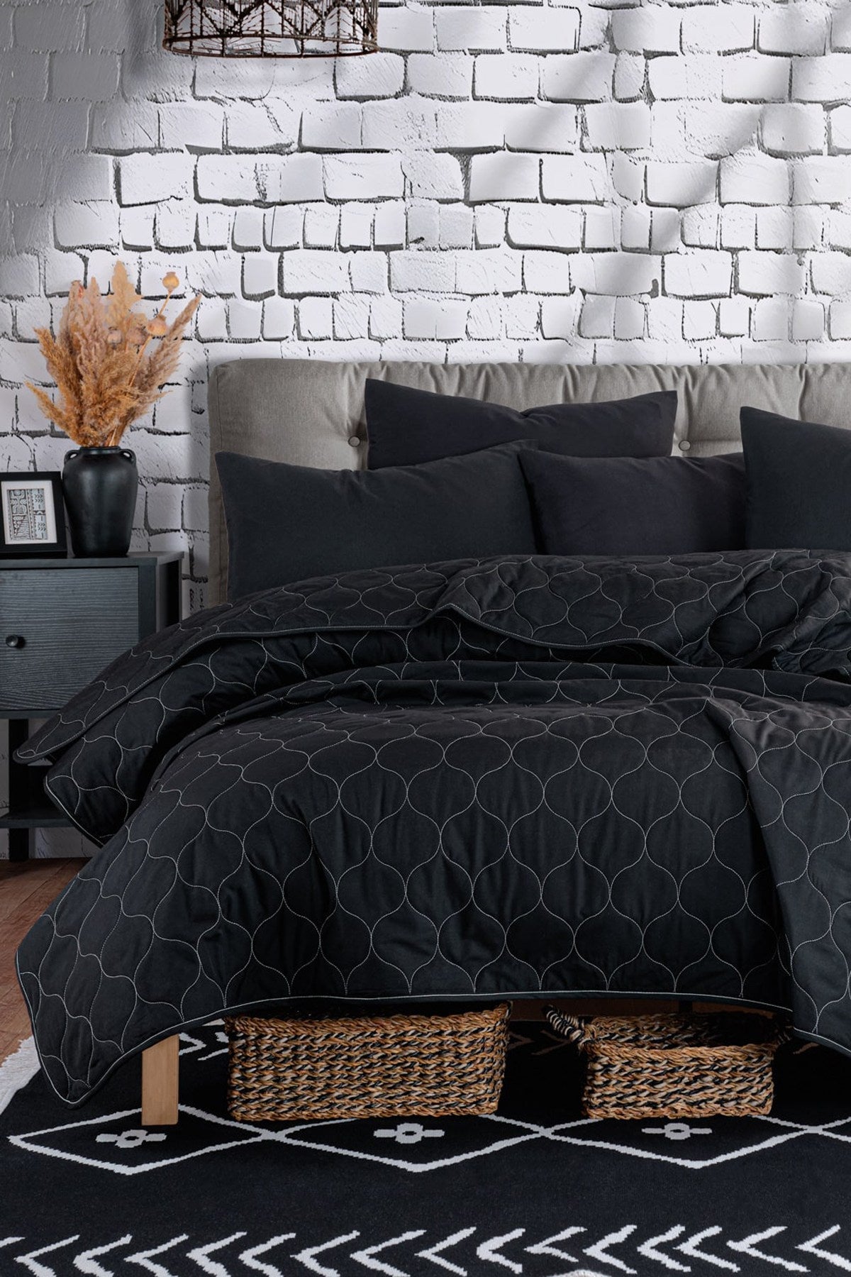 Set cuvertură pat dublu, Solid - Black, Negru
