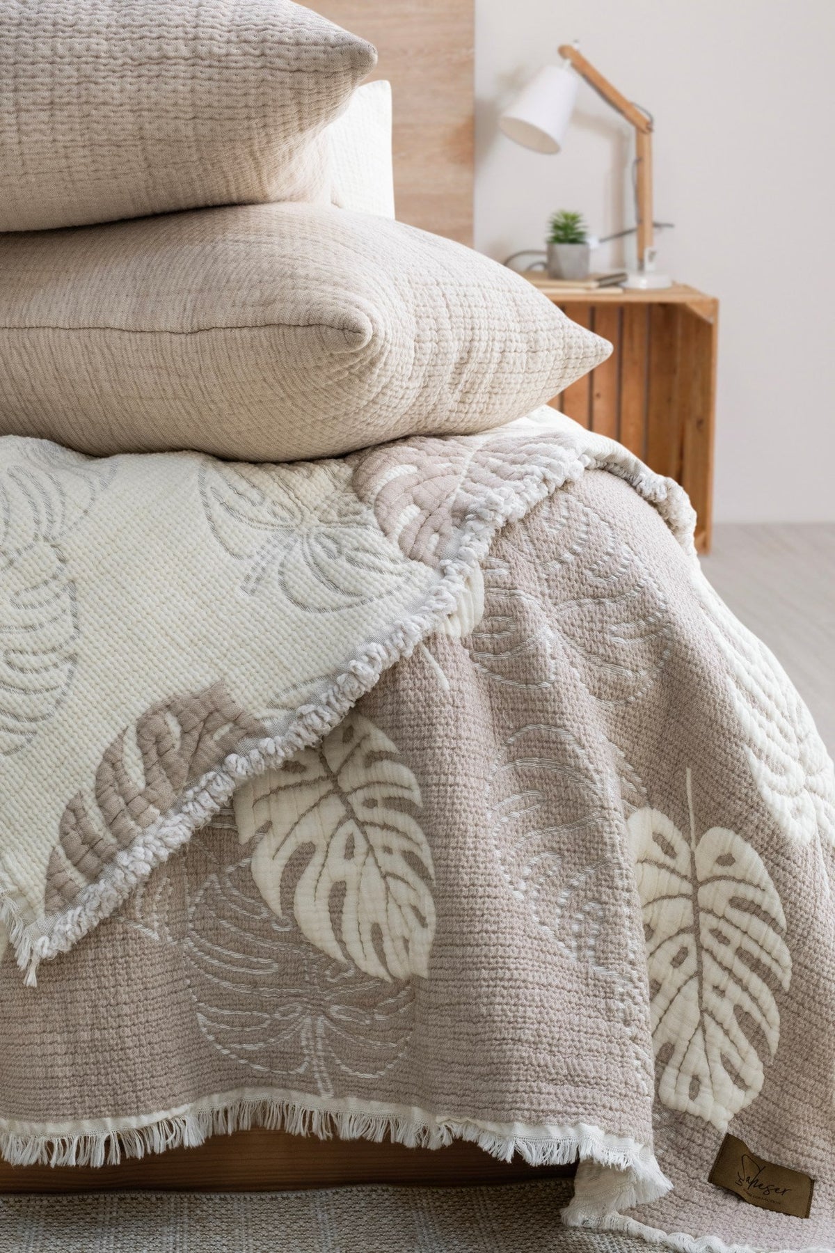 Set cuvertură pichet pat dublu, Forest - Beige, Bej