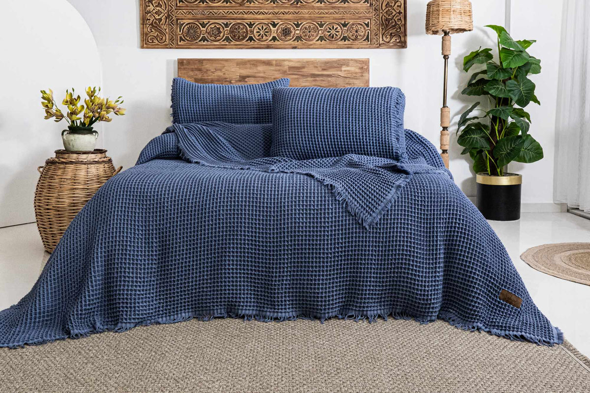 Set cuvertură pichet pat dublu, Norah - Indigo Blue, Albastru Indigo