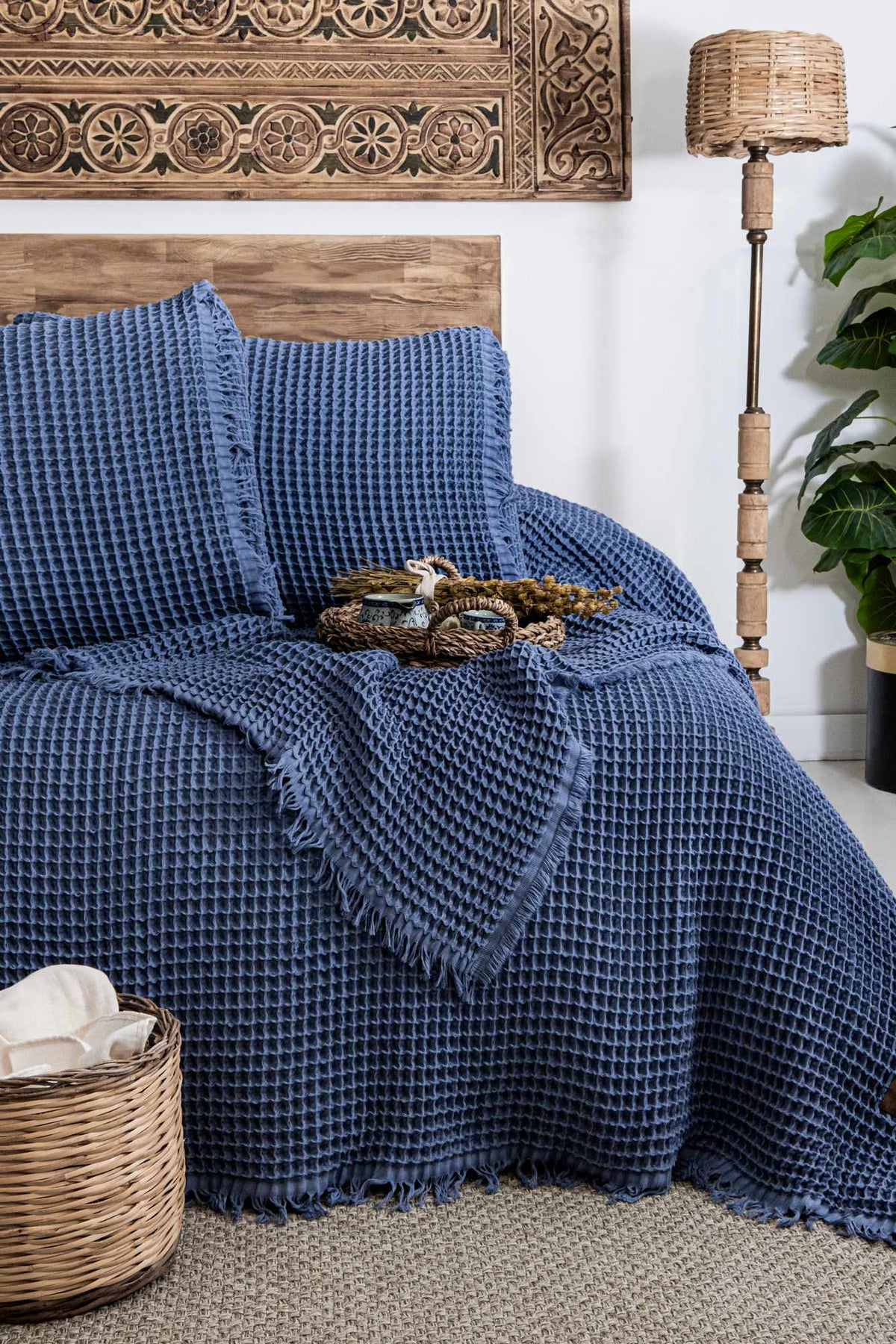 Set cuvertură pichet pat dublu, Norah - Indigo Blue, Albastru Indigo
