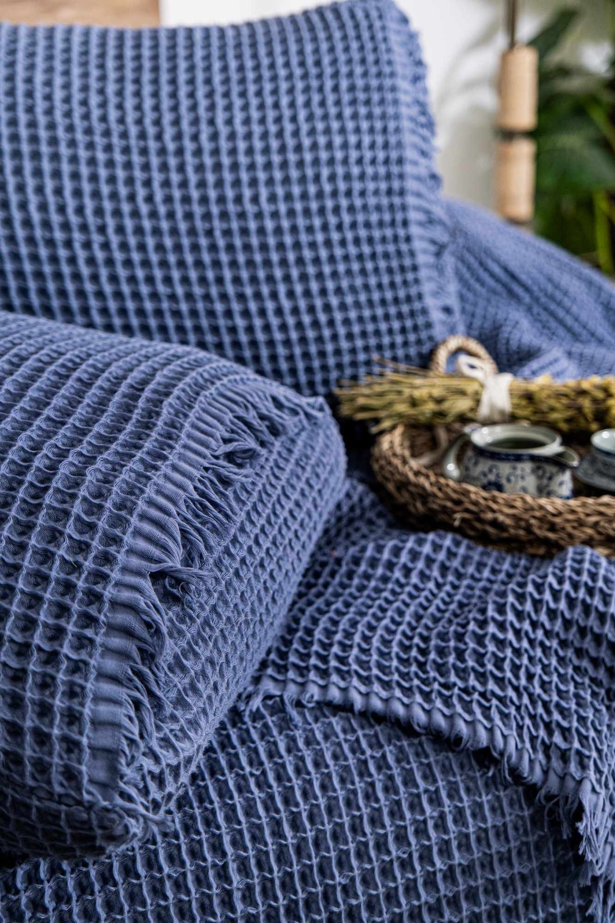Set cuvertură pichet pat dublu, Norah - Indigo Blue, Albastru Indigo