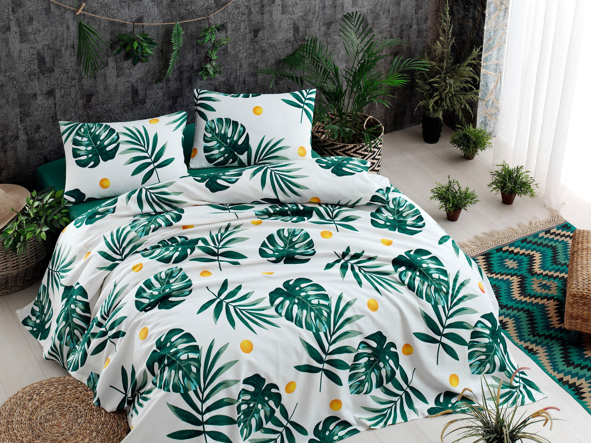 Set cuvertură pichet pat dublu, Monstera - Green v2, Alb / Verde / Galben