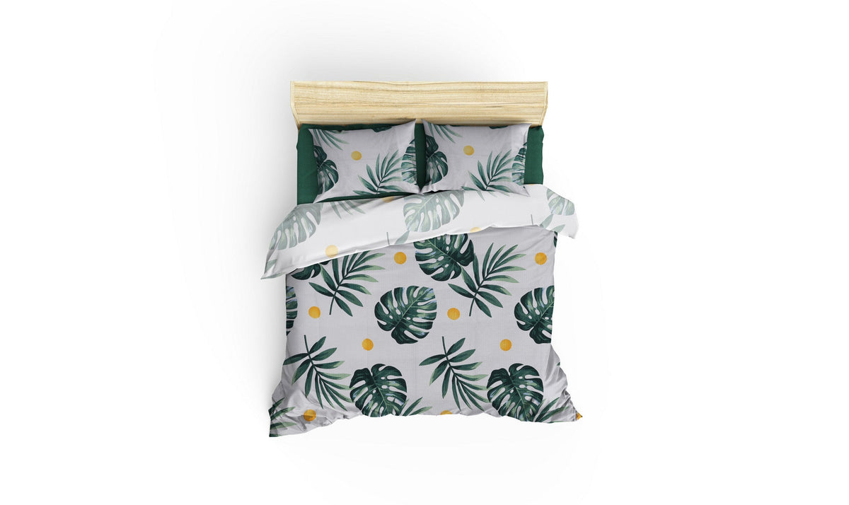 Set cuvertură pichet pat dublu, Monstera - Green v2, Alb / Verde / Galben