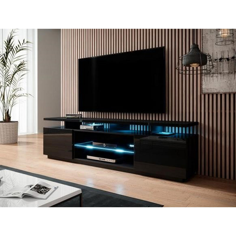 Comoda TV EVA, negru , PAL laminat, cu 2 usi, cu iluminare led, 180x40x56 cm