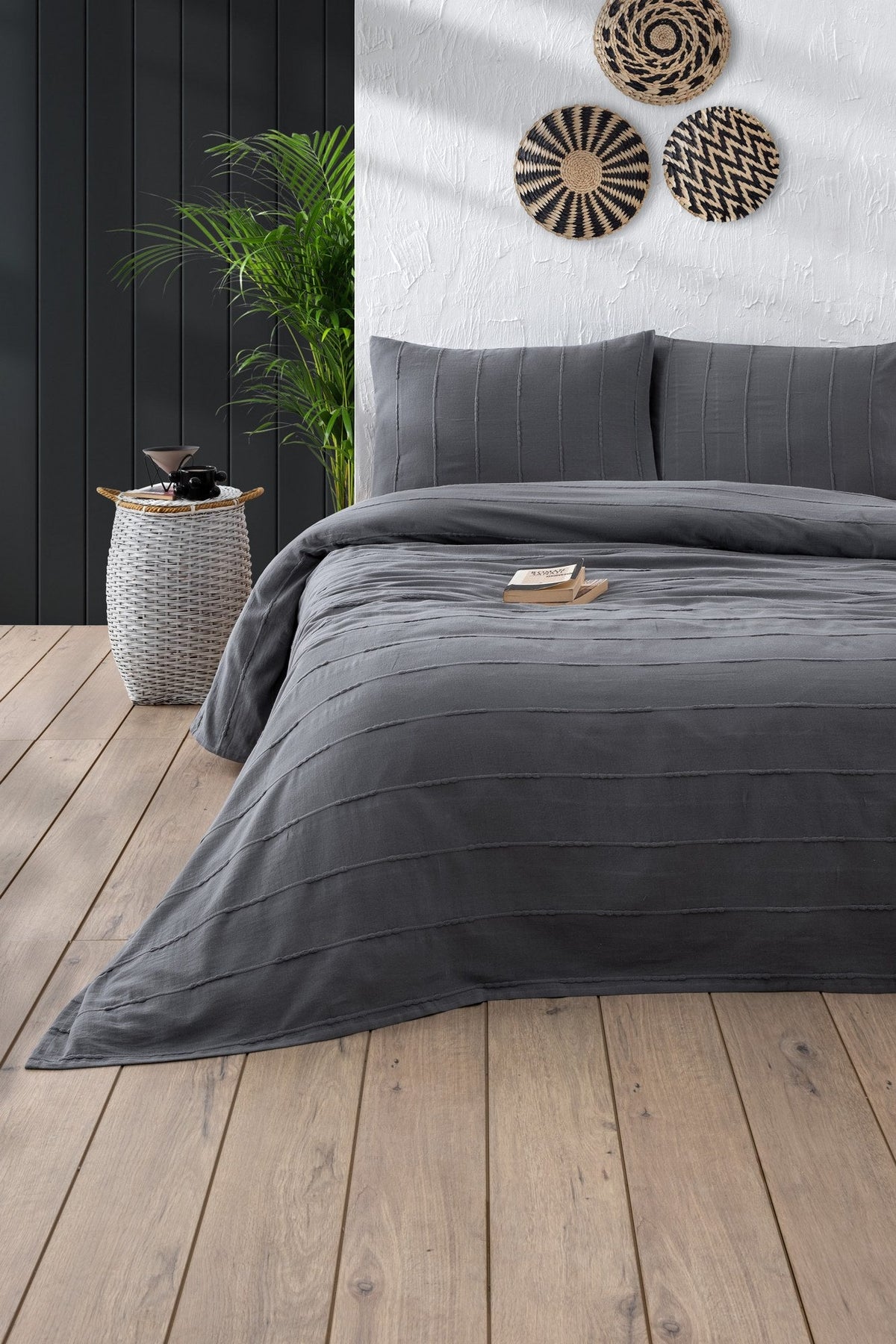 Set cuvertură pichet pat dublu, Sedef - Anthracite, Antracit