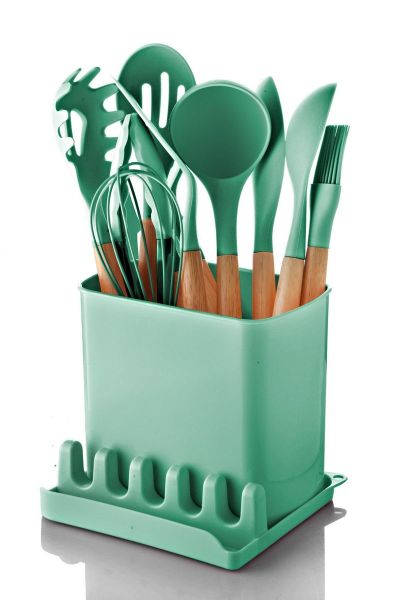 Set 11 ustensile cu suport si cutie C-SLC1301, verde/stejar, plastic/lemn