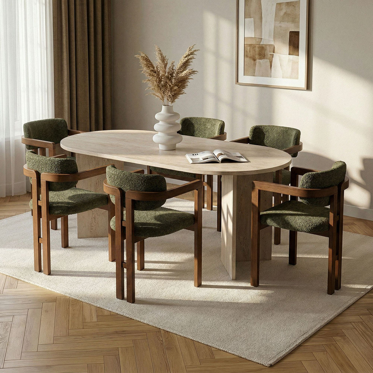 Set masă și scaune dining (7 piese), Meridia 6 - Travertine, Walnut, Green, Travertin / Nuc / Verde