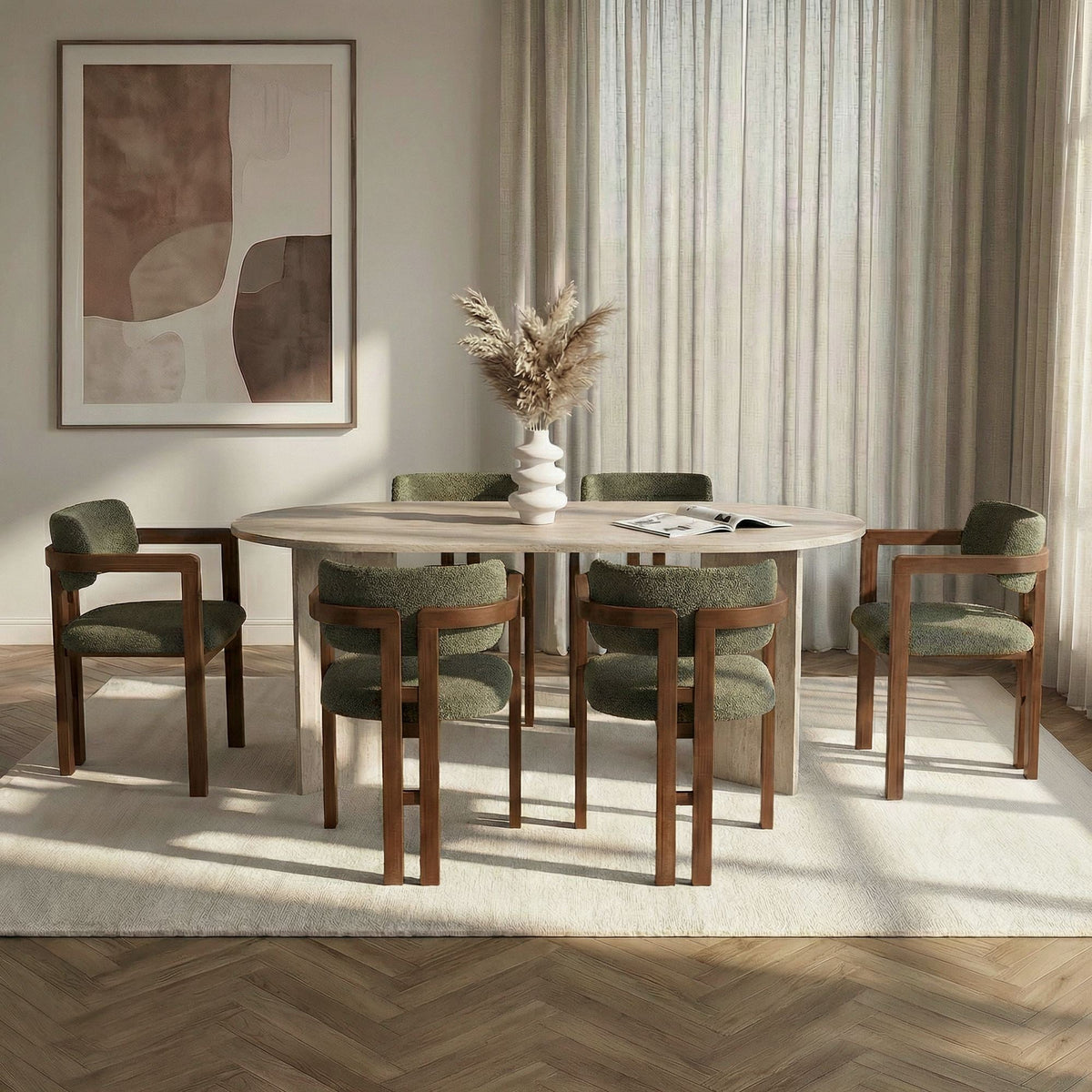 Set masă și scaune dining (7 piese), Meridia 6 - Travertine, Walnut, Green, Travertin / Nuc / Verde