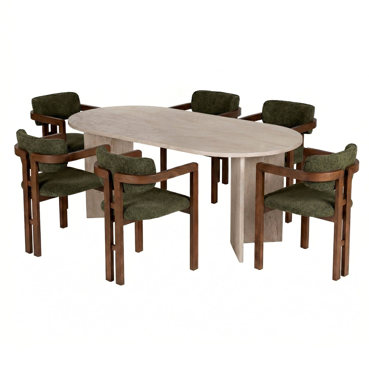 Set masă și scaune dining (7 piese), Meridia 6 - Travertine, Walnut, Green, Travertin / Nuc / Verde