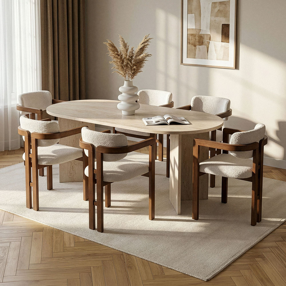 Set masă și scaune dining (7 piese), Meridia 6 - Travertine, Walnut, White, Travertin / Nuc / Alb