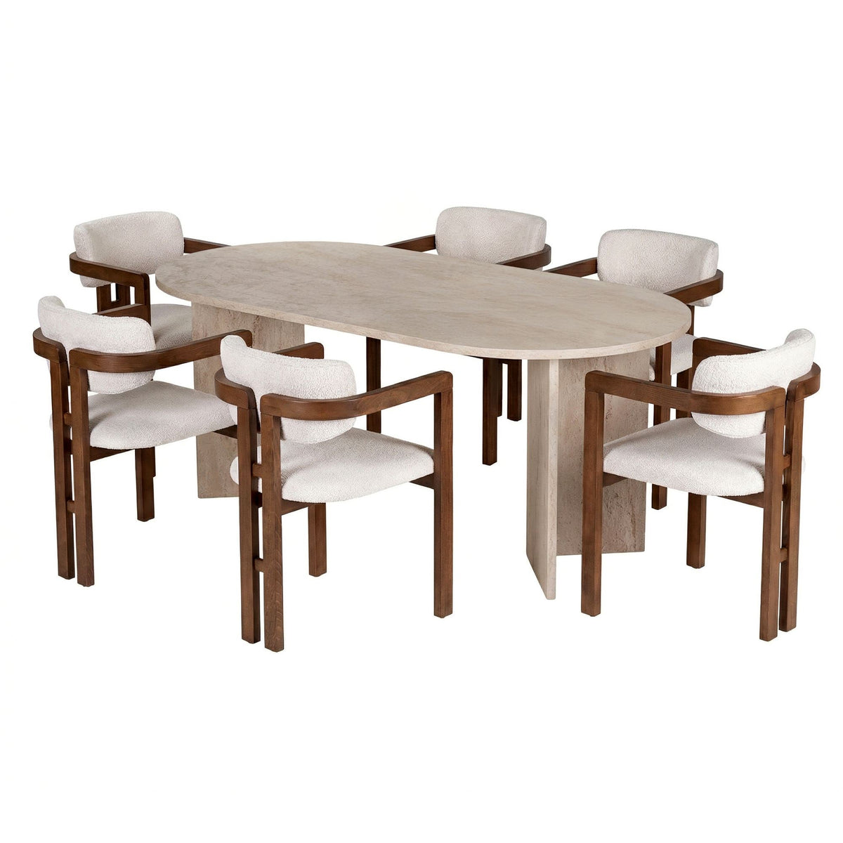 Set masă și scaune dining (7 piese), Meridia 6 - Travertine, Walnut, White, Travertin / Nuc / Alb
