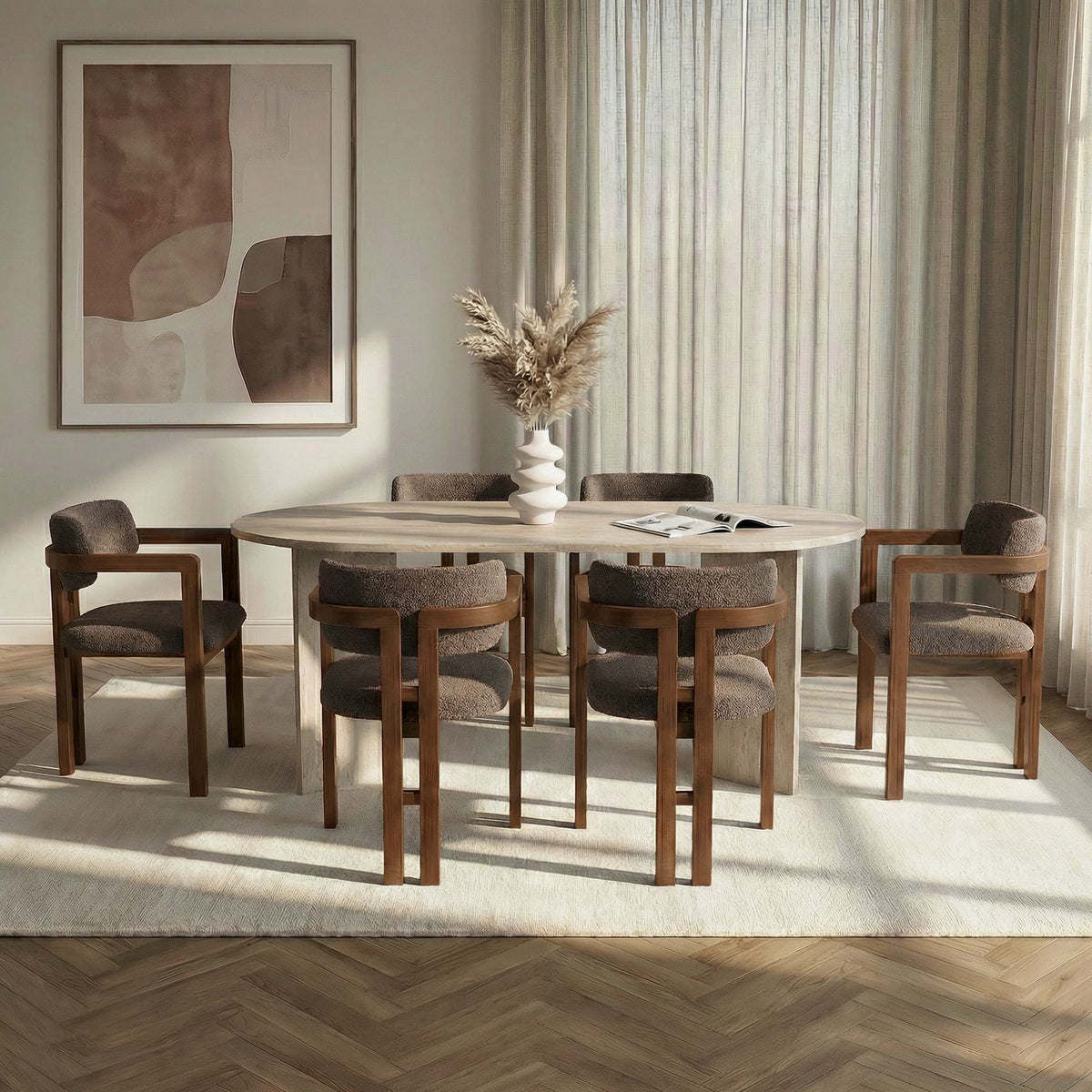 Set masă și scaune dining (7 piese), Meridia 6 - Travertine, Walnut, Brown, Travertin / Nuc / Maro