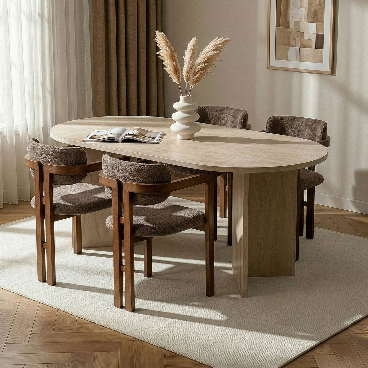 Set masă și scaune dining (5 piese), Meridia 4 - Travertine, Walnut, Brown, Travertin / Nuc / Maro