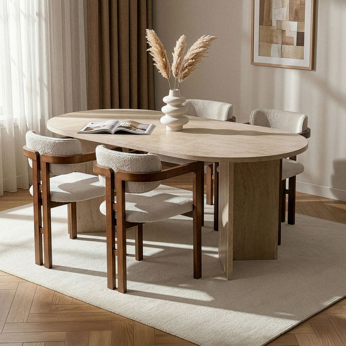 Set masă și scaune dining (5 piese), Meridia 4 - Travertine, Walnut, White, Travertin / Nuc / Alb