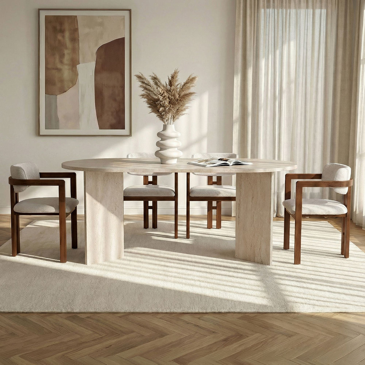 Set masă și scaune dining (5 piese), Meridia 4 - Travertine, Walnut, White, Travertin / Nuc / Alb