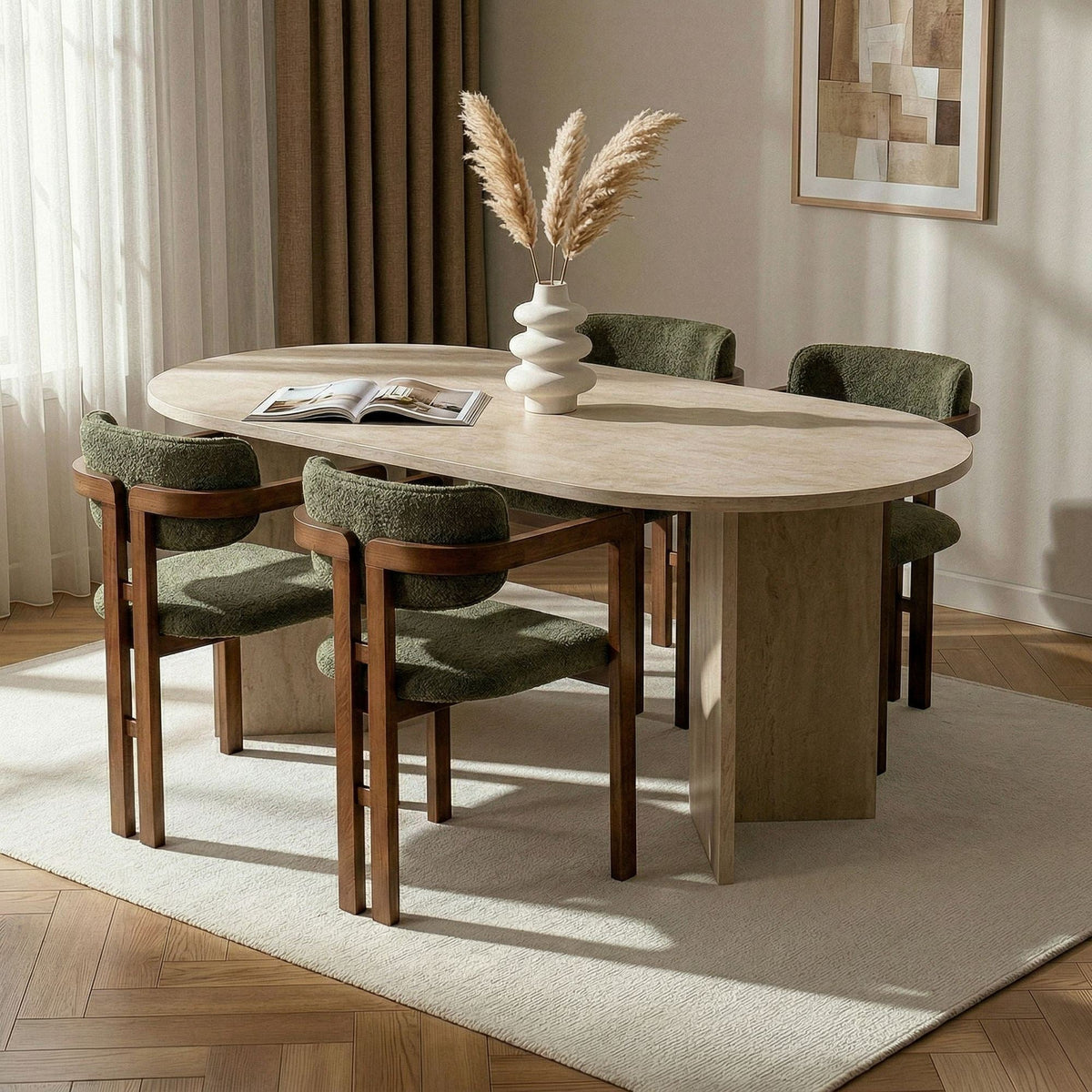 Set masă și scaune dining (5 piese), Meridia 4 - Travertine, Walnut, Green, Travertin / Nuc / Verde