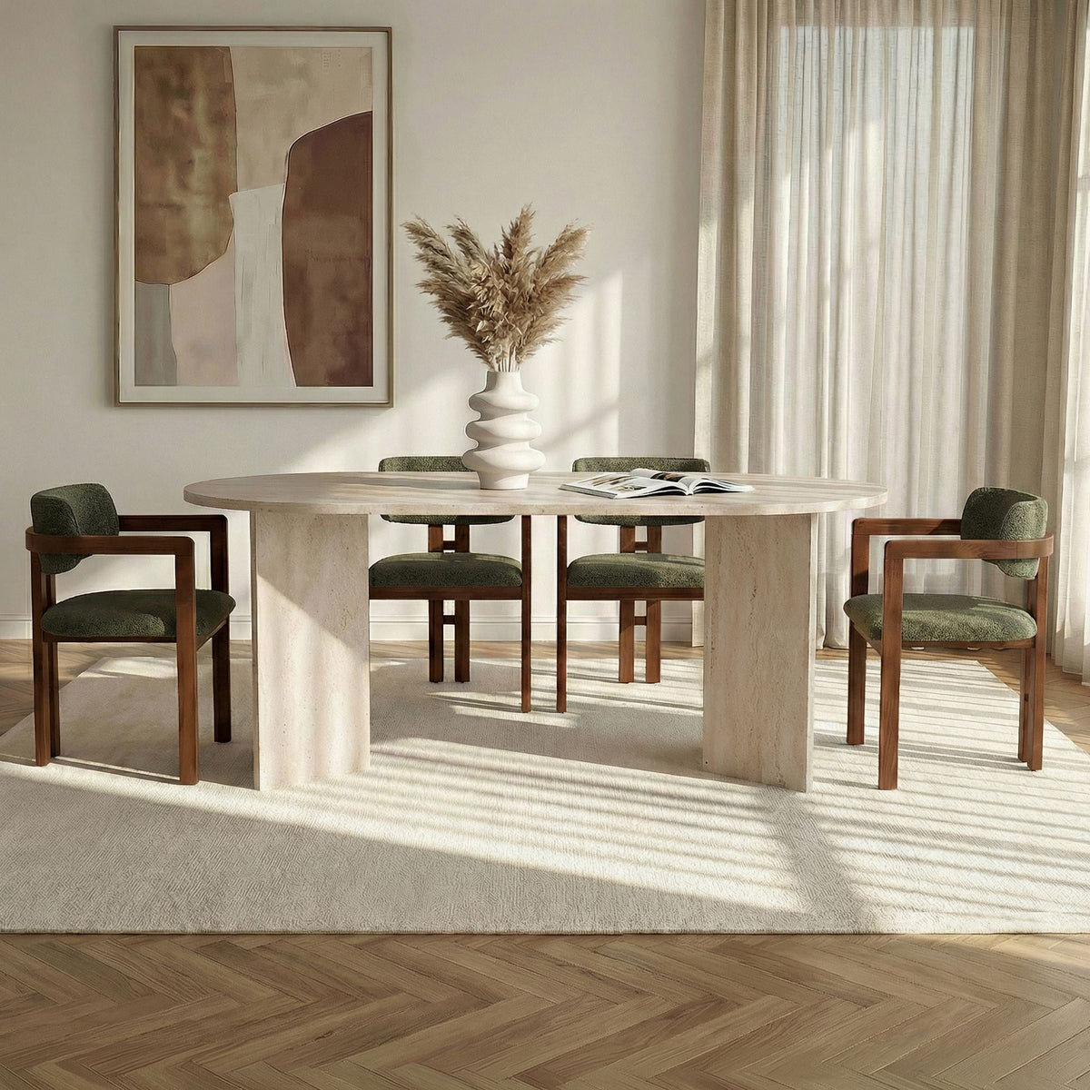Set masă și scaune dining (5 piese), Meridia 4 - Travertine, Walnut, Green, Travertin / Nuc / Verde